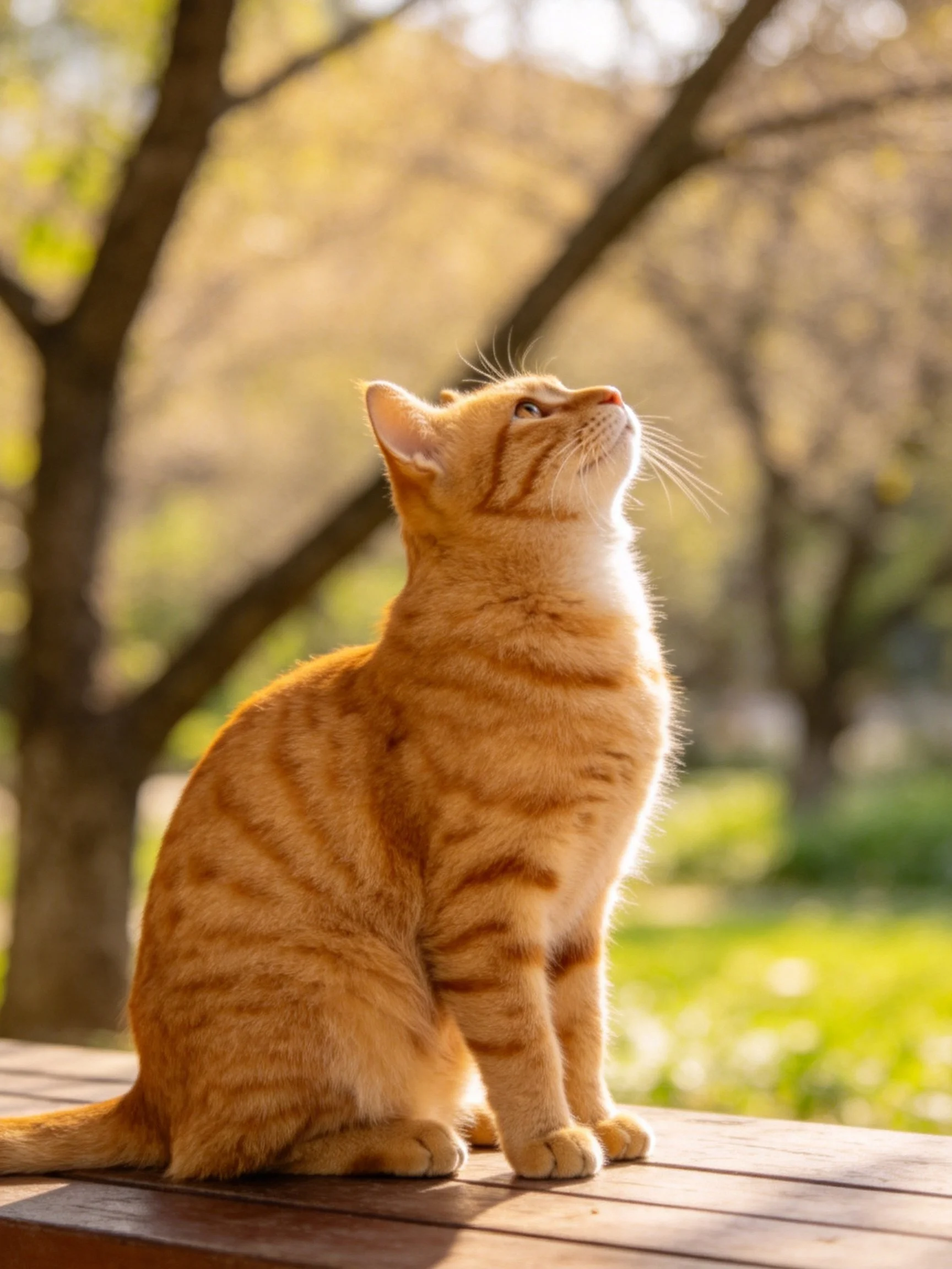 An orange tabby cat sits attentively on wood near trees