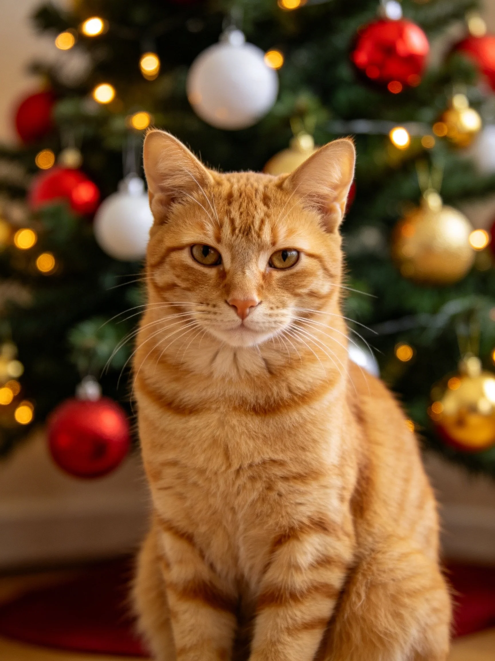 An orange tabby cat is positioned near a festively decorated Christmas tree