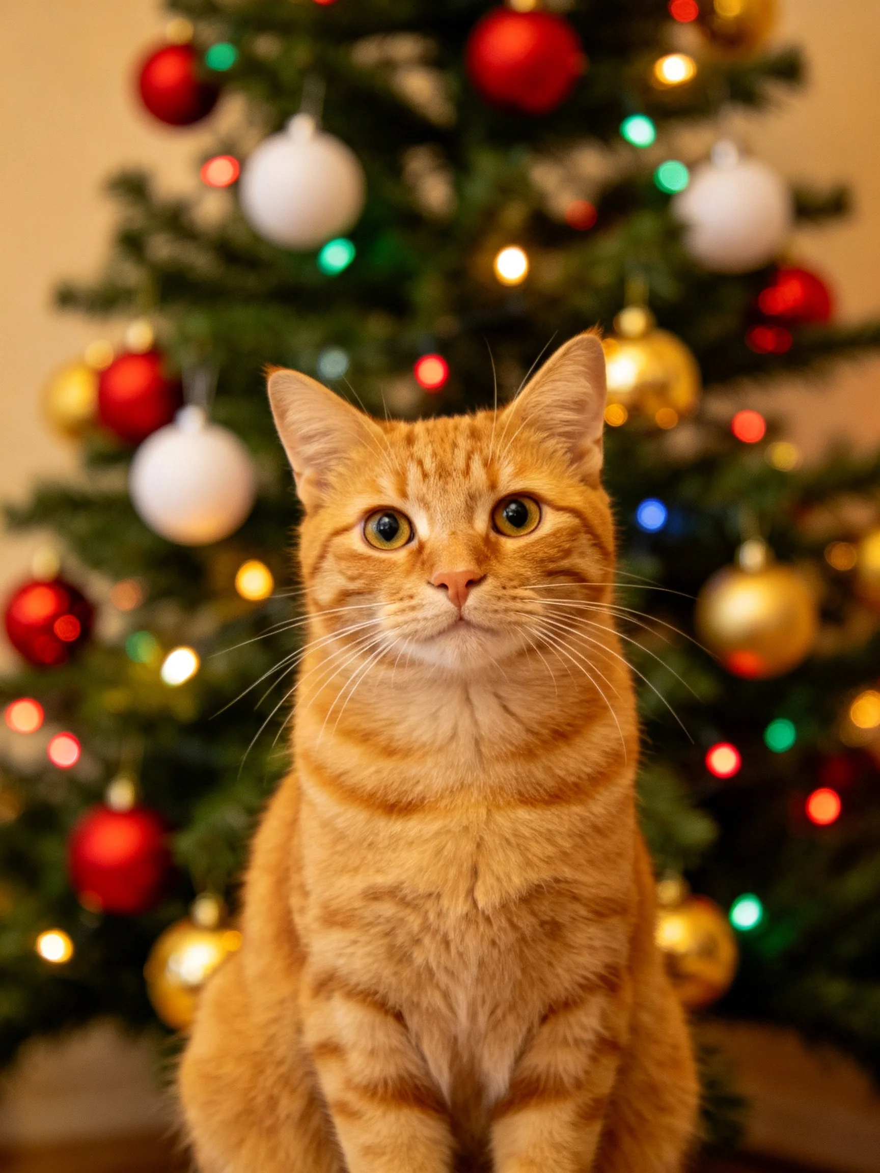 An orange tabby cat sits in front of a decorated Christmas tree.