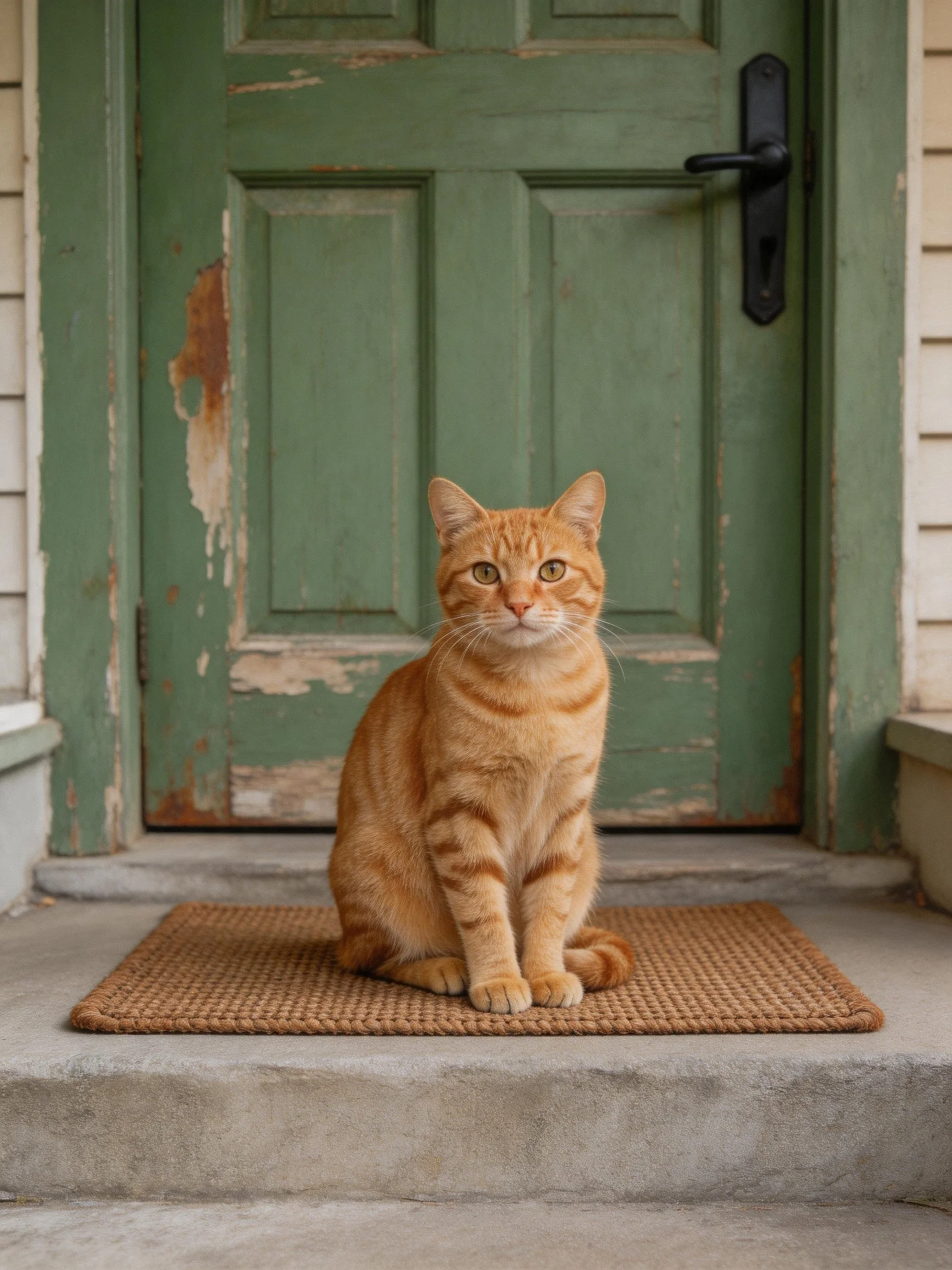 An orange tabby cat sits calmly on a doormat outside a weathered green door