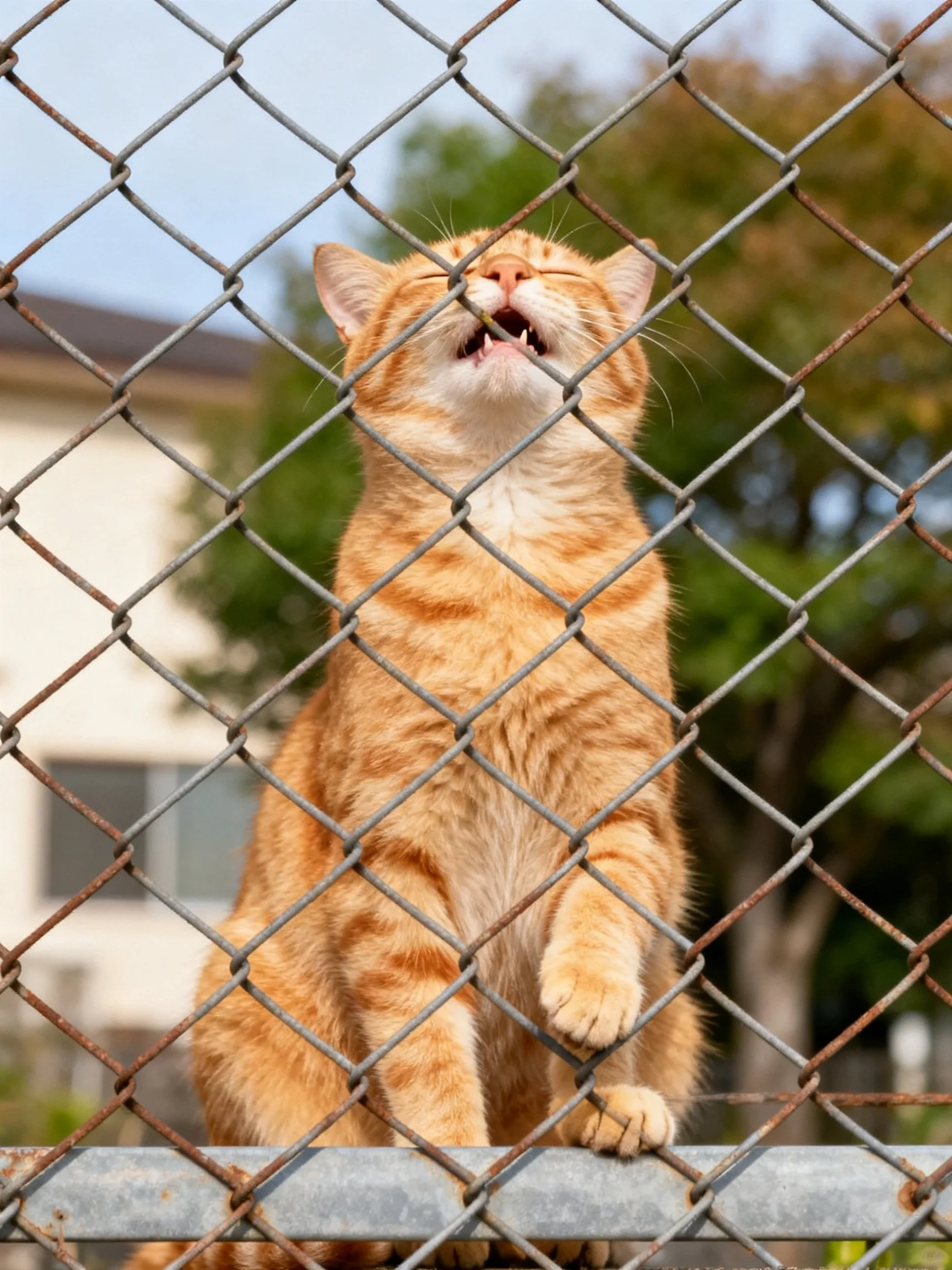 An orange tabby cat sits behind a chain - link fence outdoors.