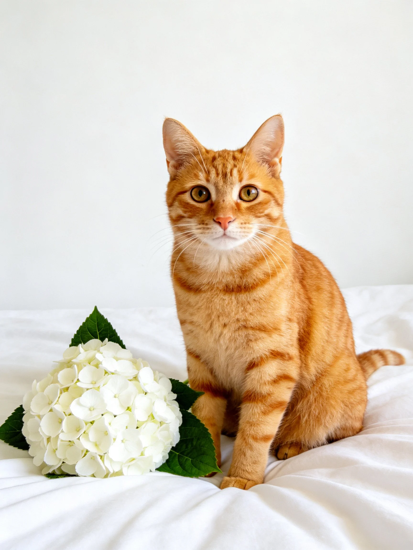 An orange tabby cat sits beside white hydrangeas on a white bed