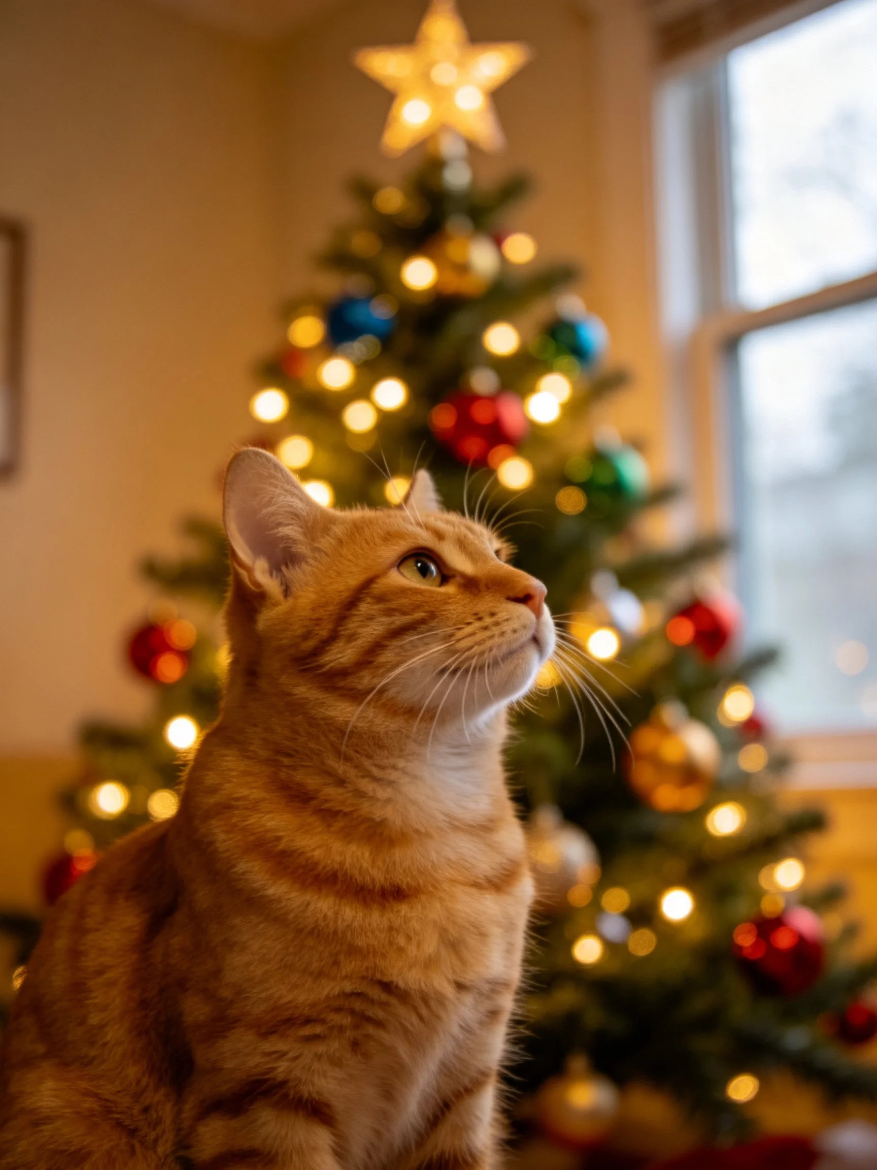 An orange tabby cat gazes toward a decorated Christmas tree indoors.