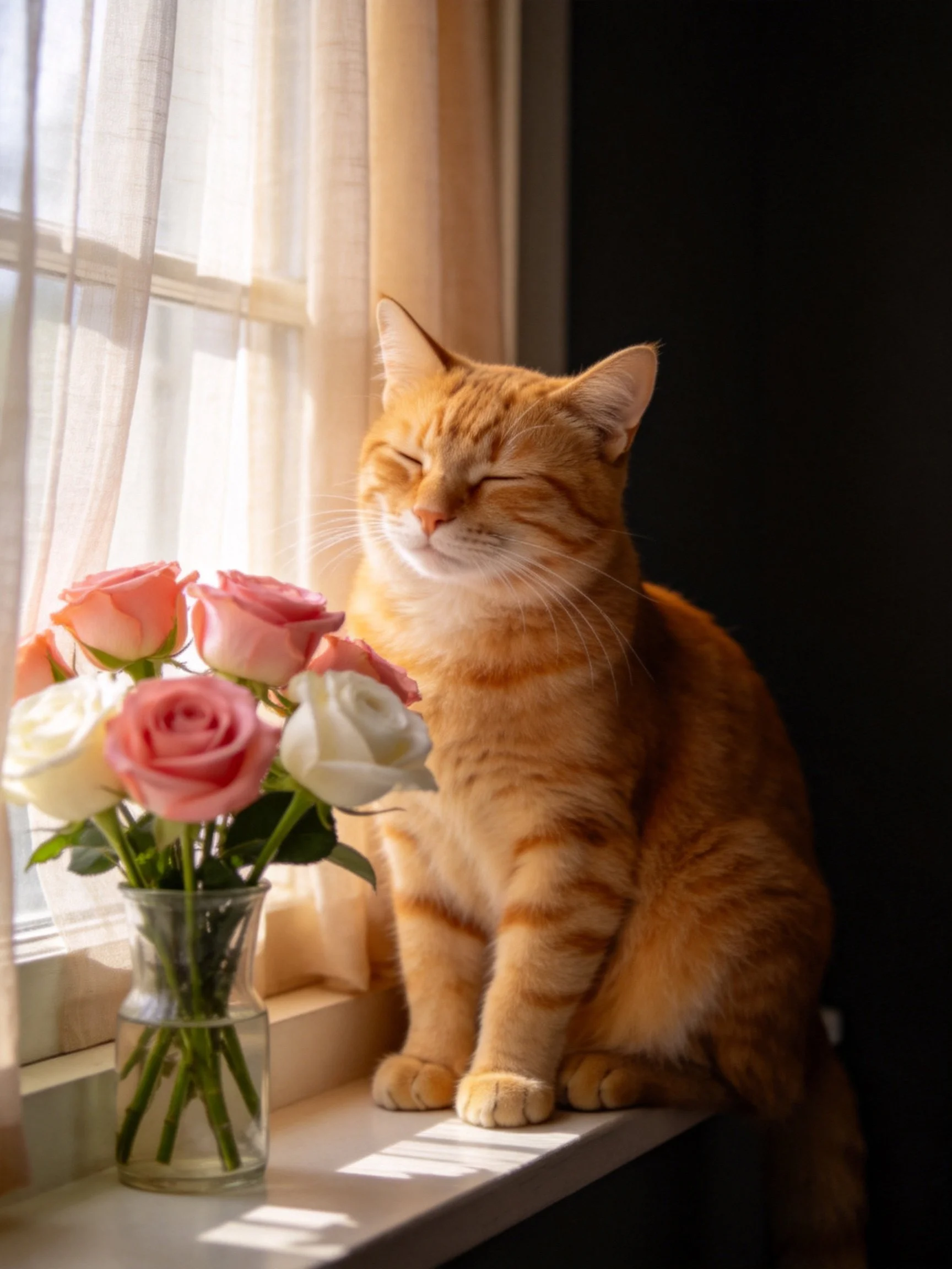 An orange tabby cat sits beside pink and white roses at a sunlit window