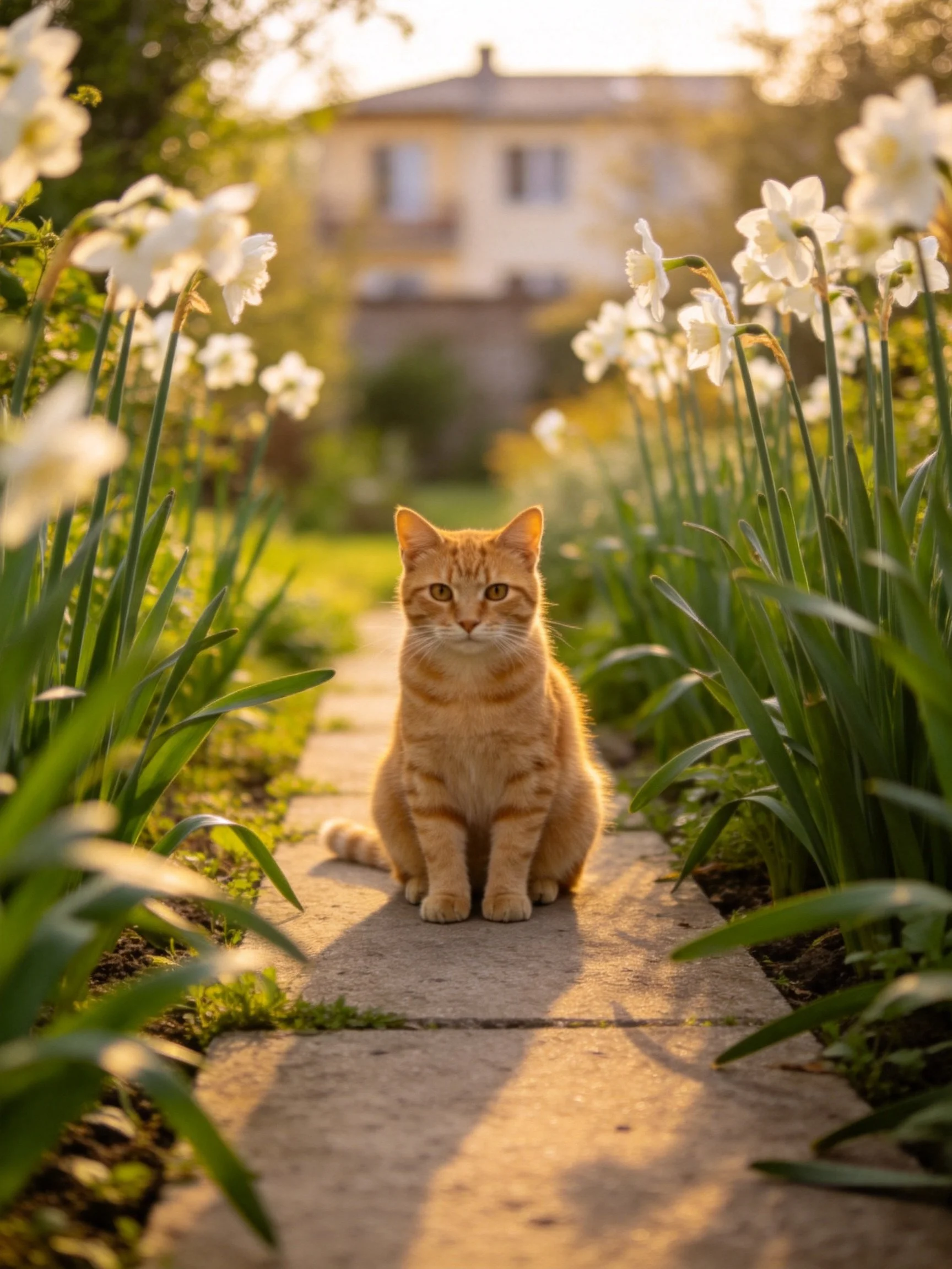 An orange tabby cat sits between white flowers on a stone path