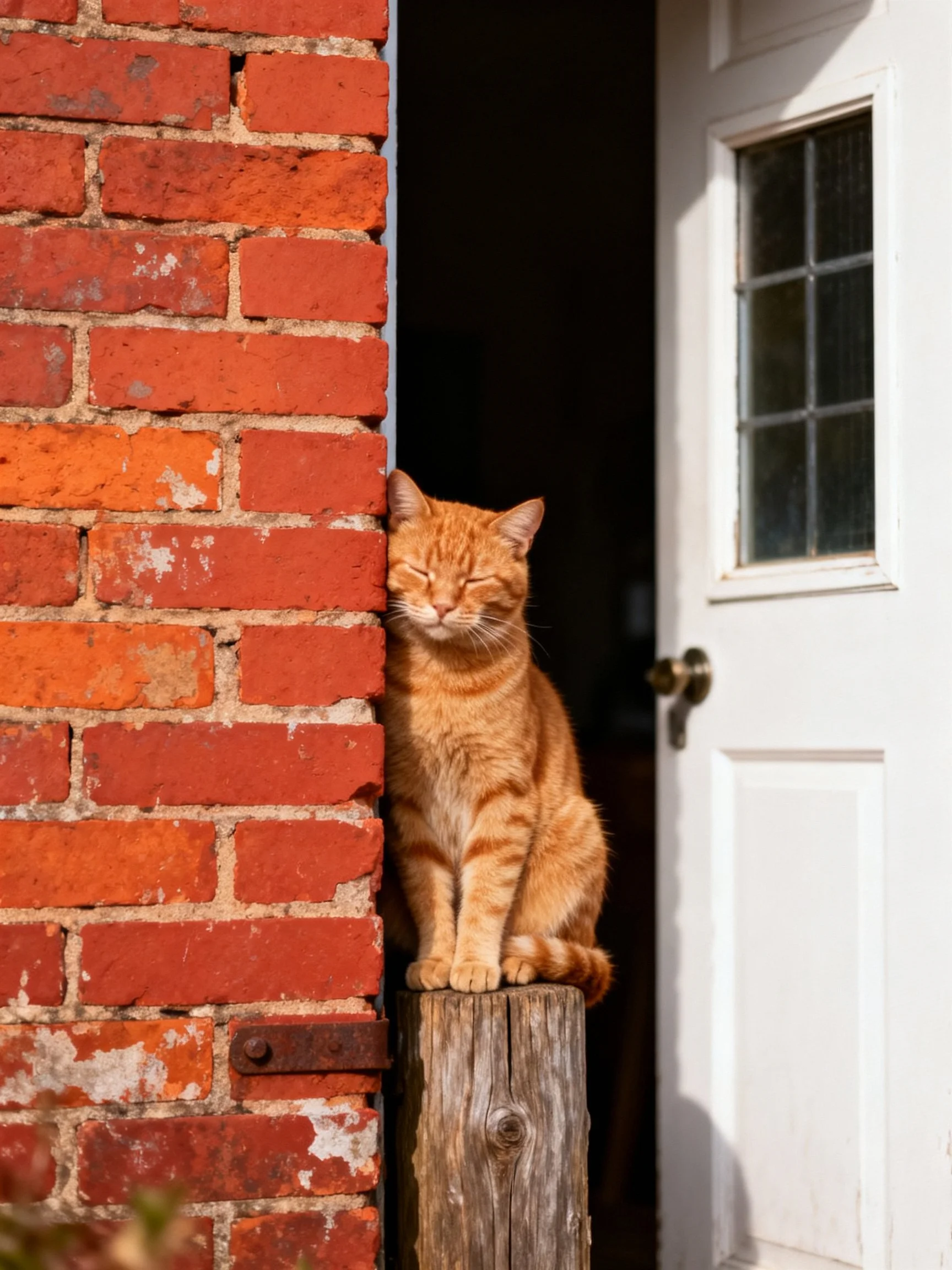 An orange tabby cat sits by a red brick wall near a white door