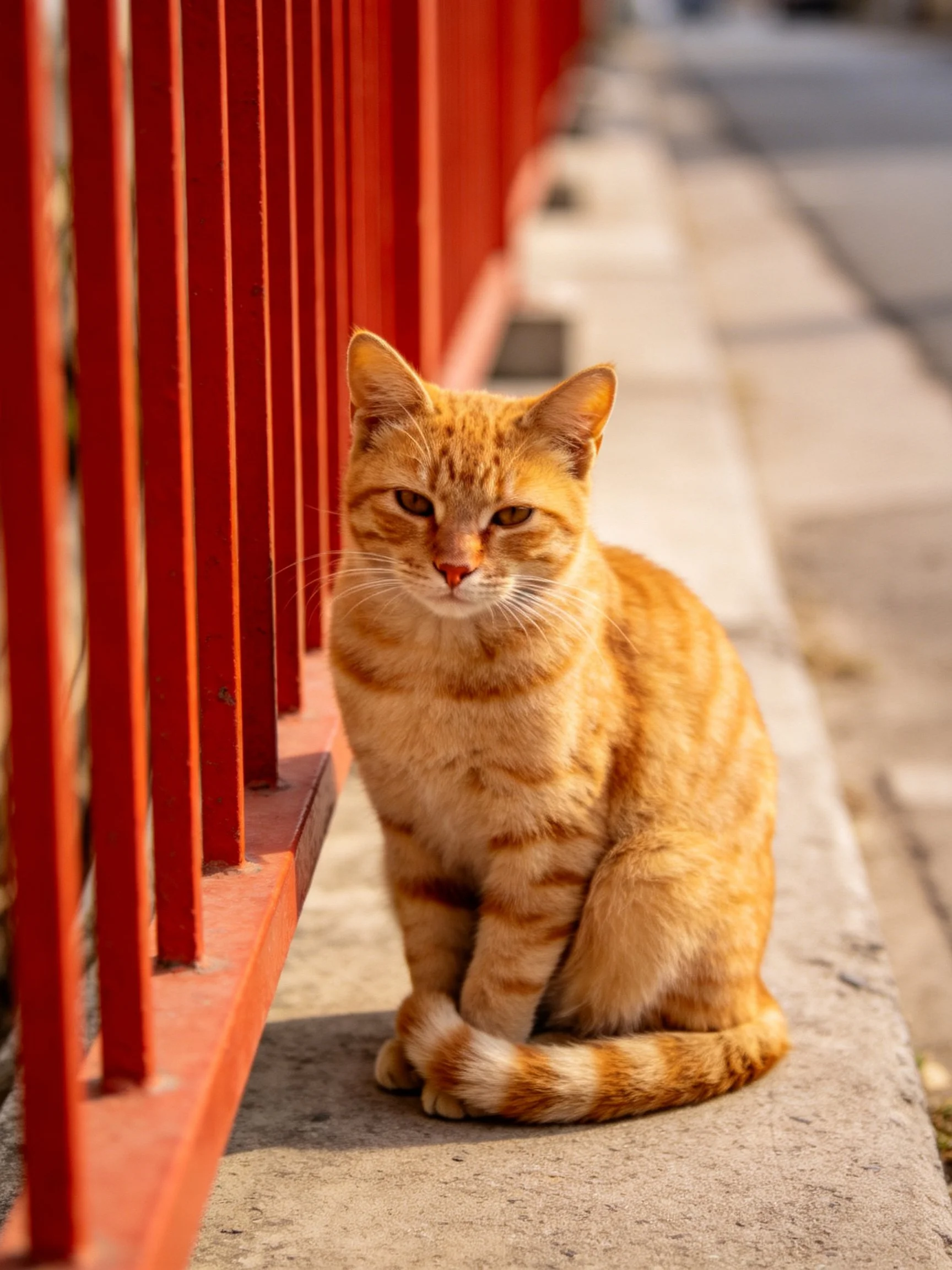 An orange tabby cat sits by a red metal fence