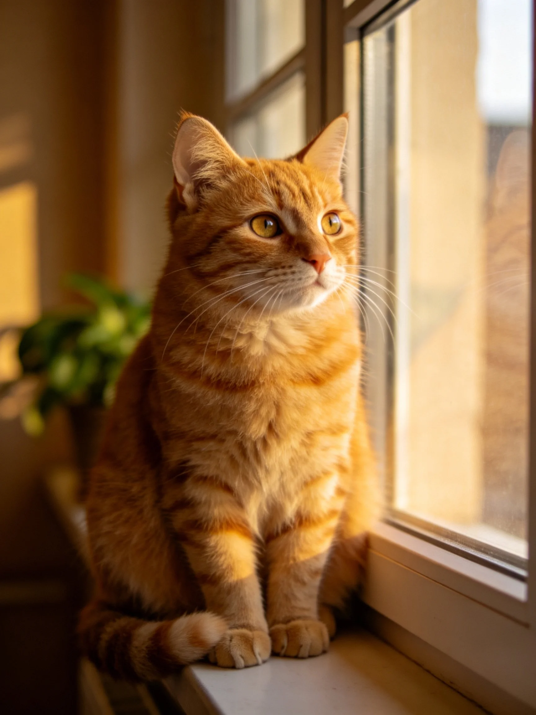 An orange tabby cat sits by a sunlit window, gazing outside