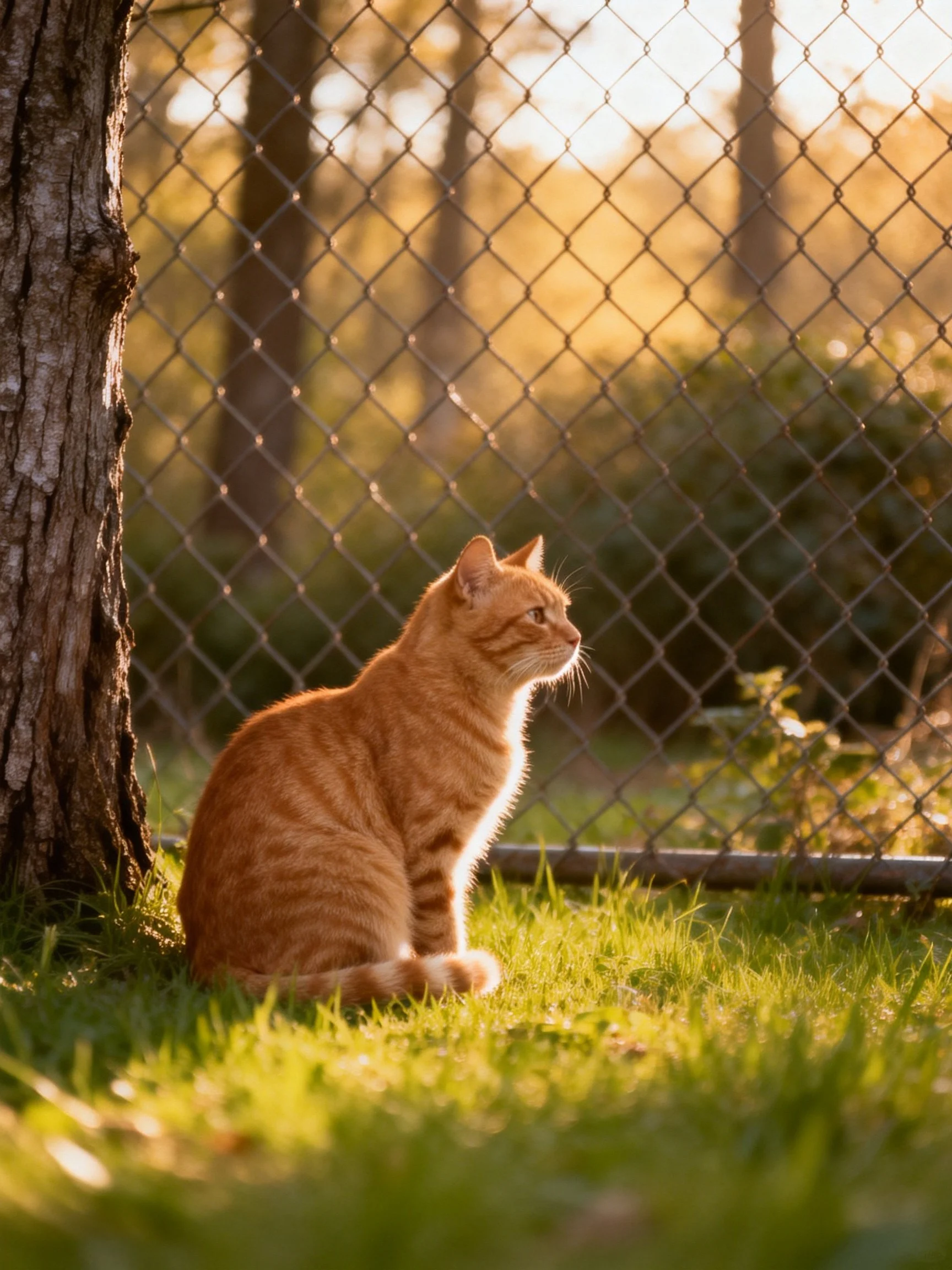 An orange tabby cat rests near a tree and fence in golden sunlight.