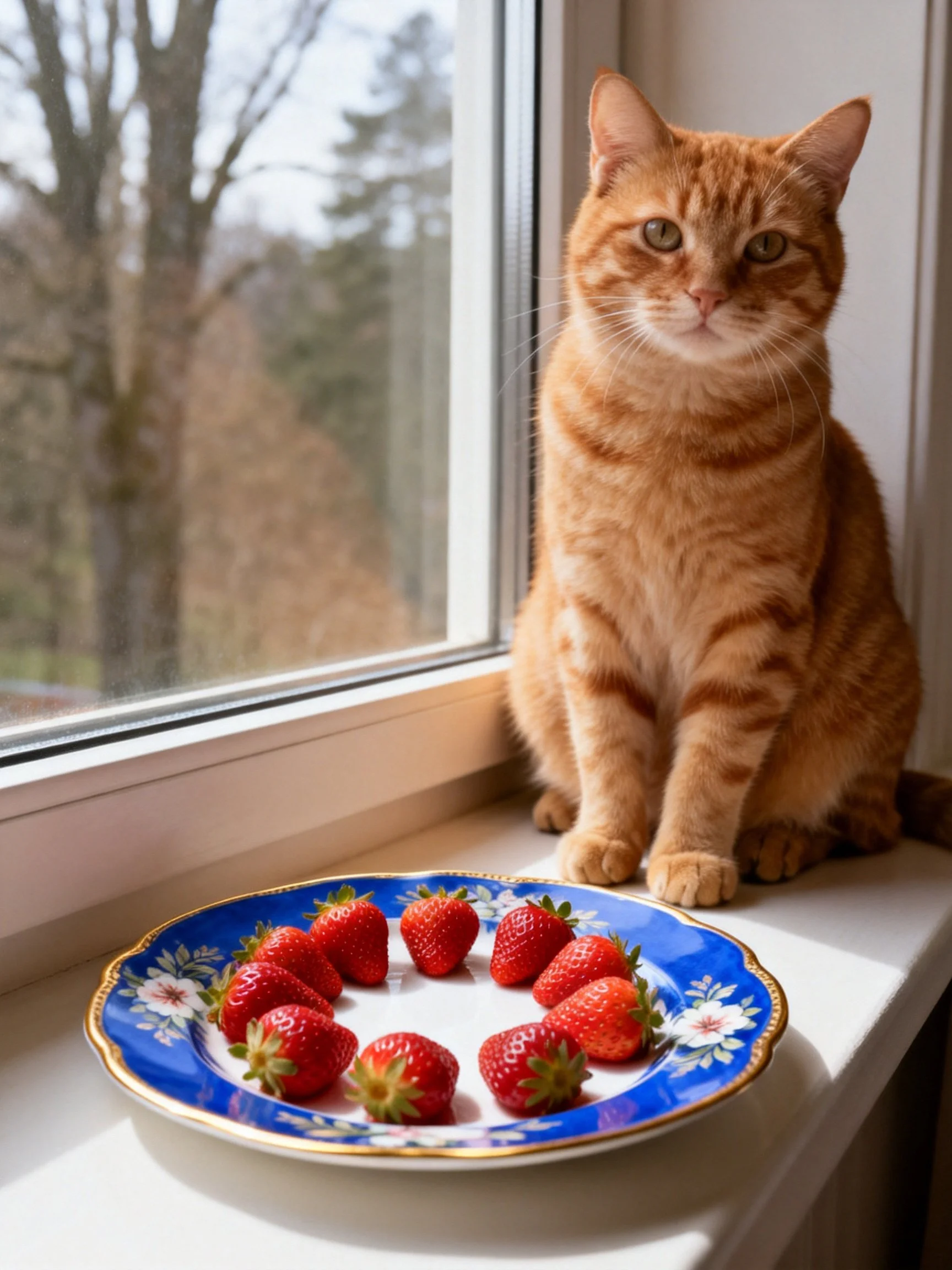 An orange tabby cat sits by a window next to a blue strawberry plate