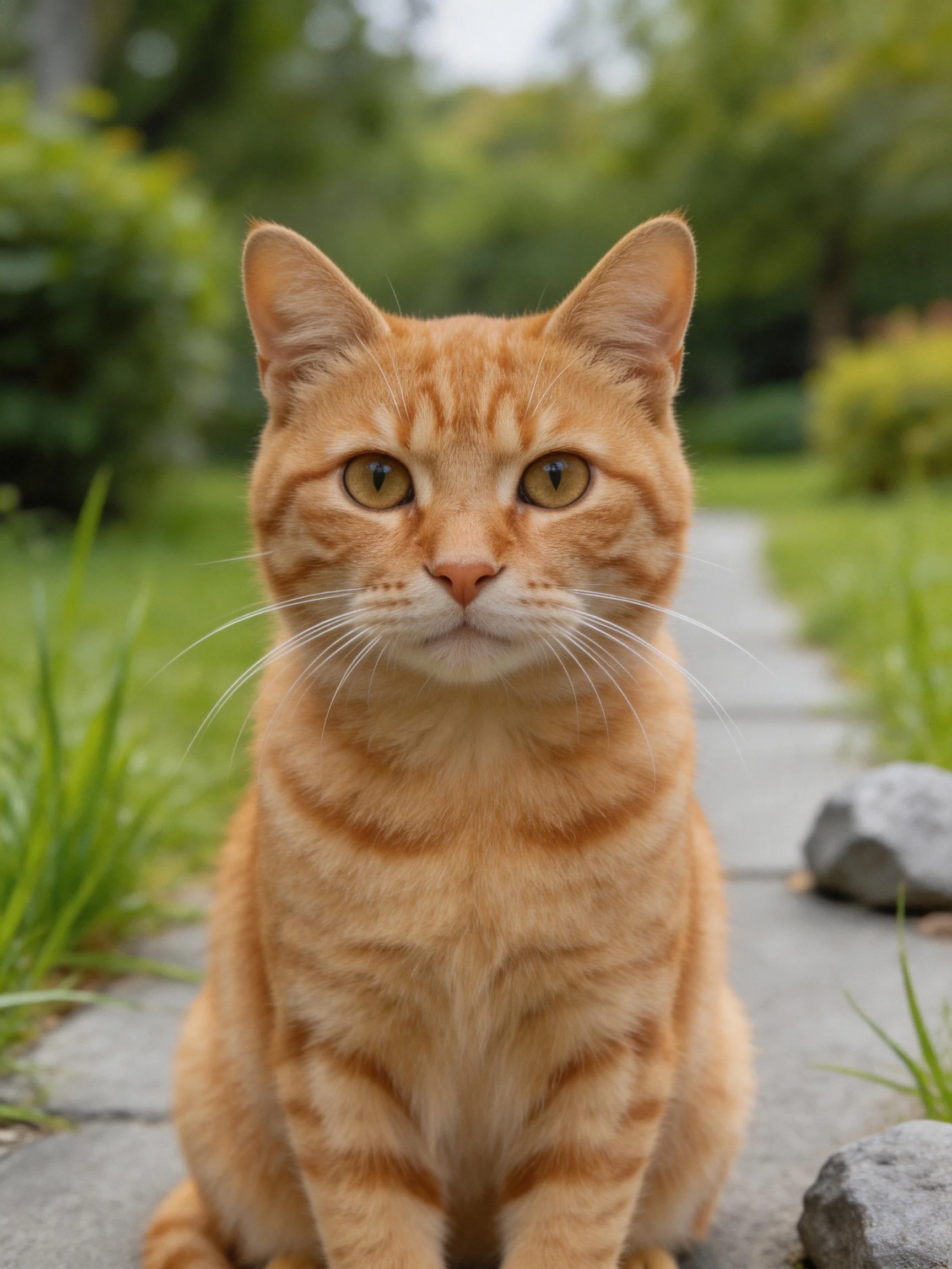 An orange tabby cat sits calmly on a stone pathway amidst greenery