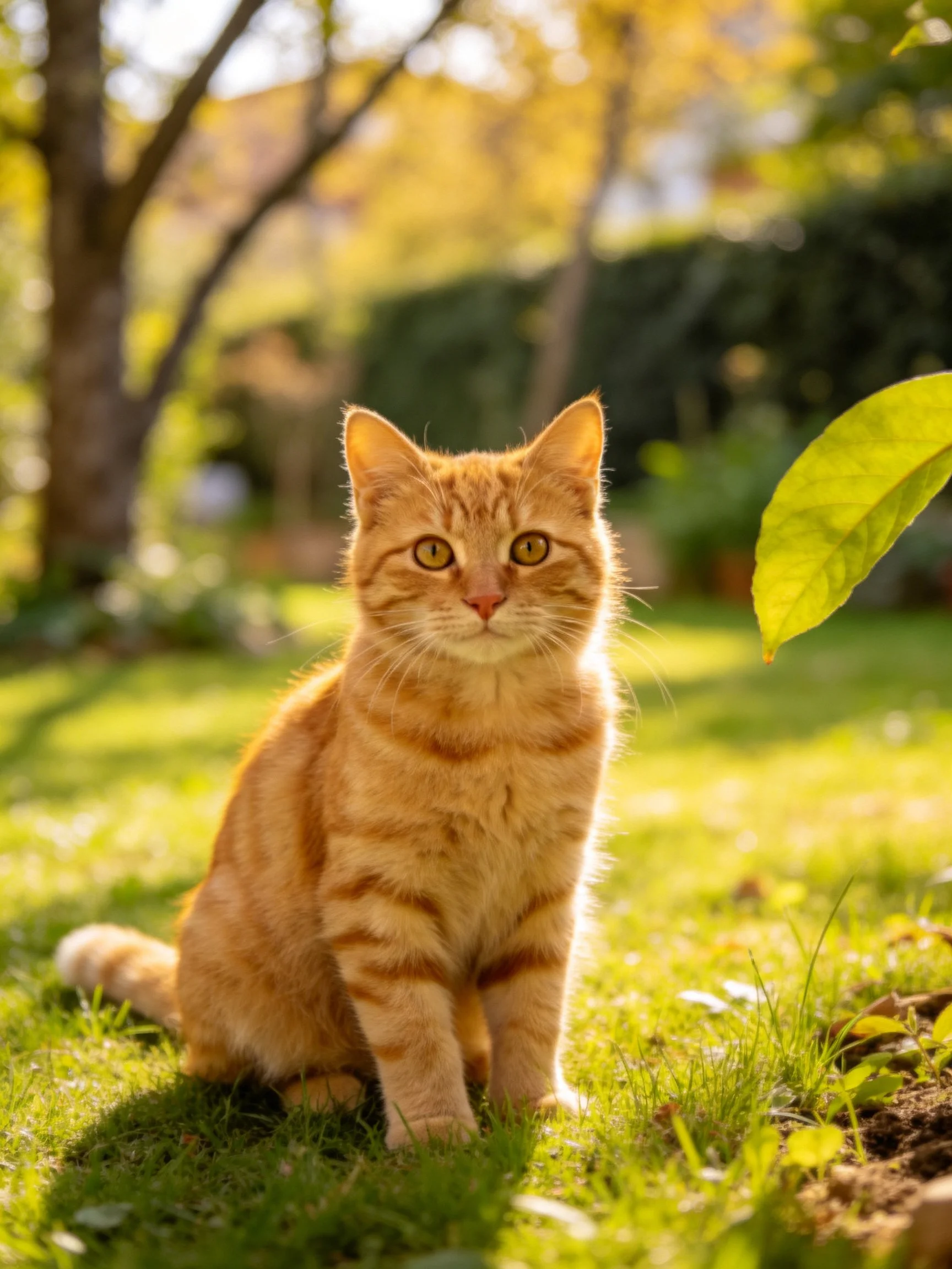 An orange tabby cat sits calmly in a sunlit garden.