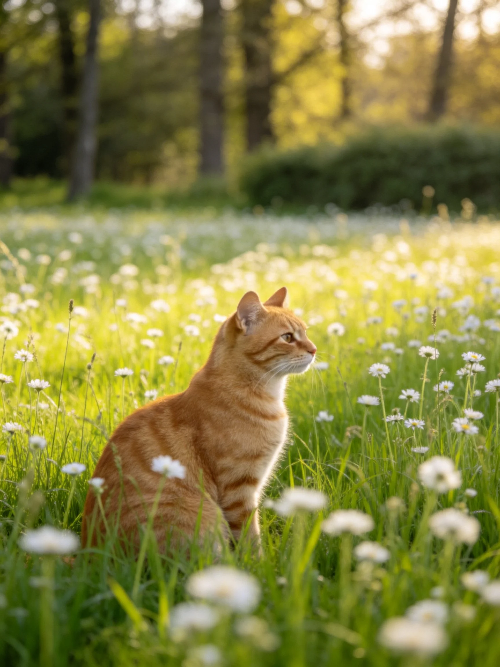 An orange tabby cat sits in a sunlit meadow filled with white flowers