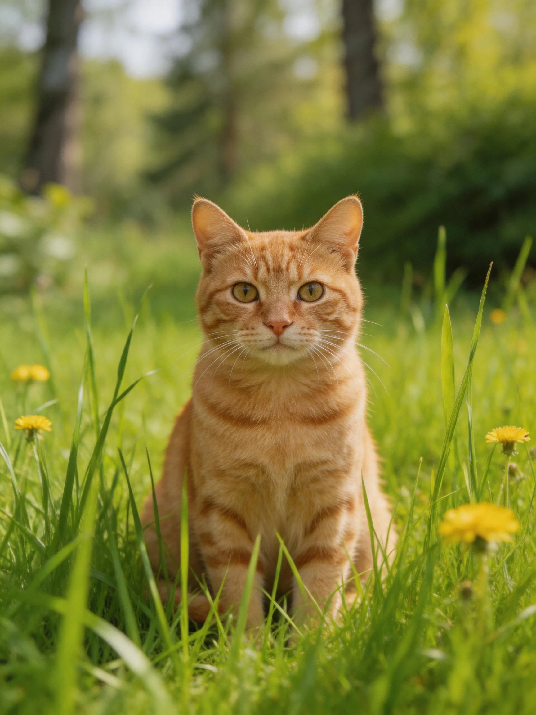 An orange tabby cat sits peacefully in a sunlit meadow with green grass and yellow flowers.