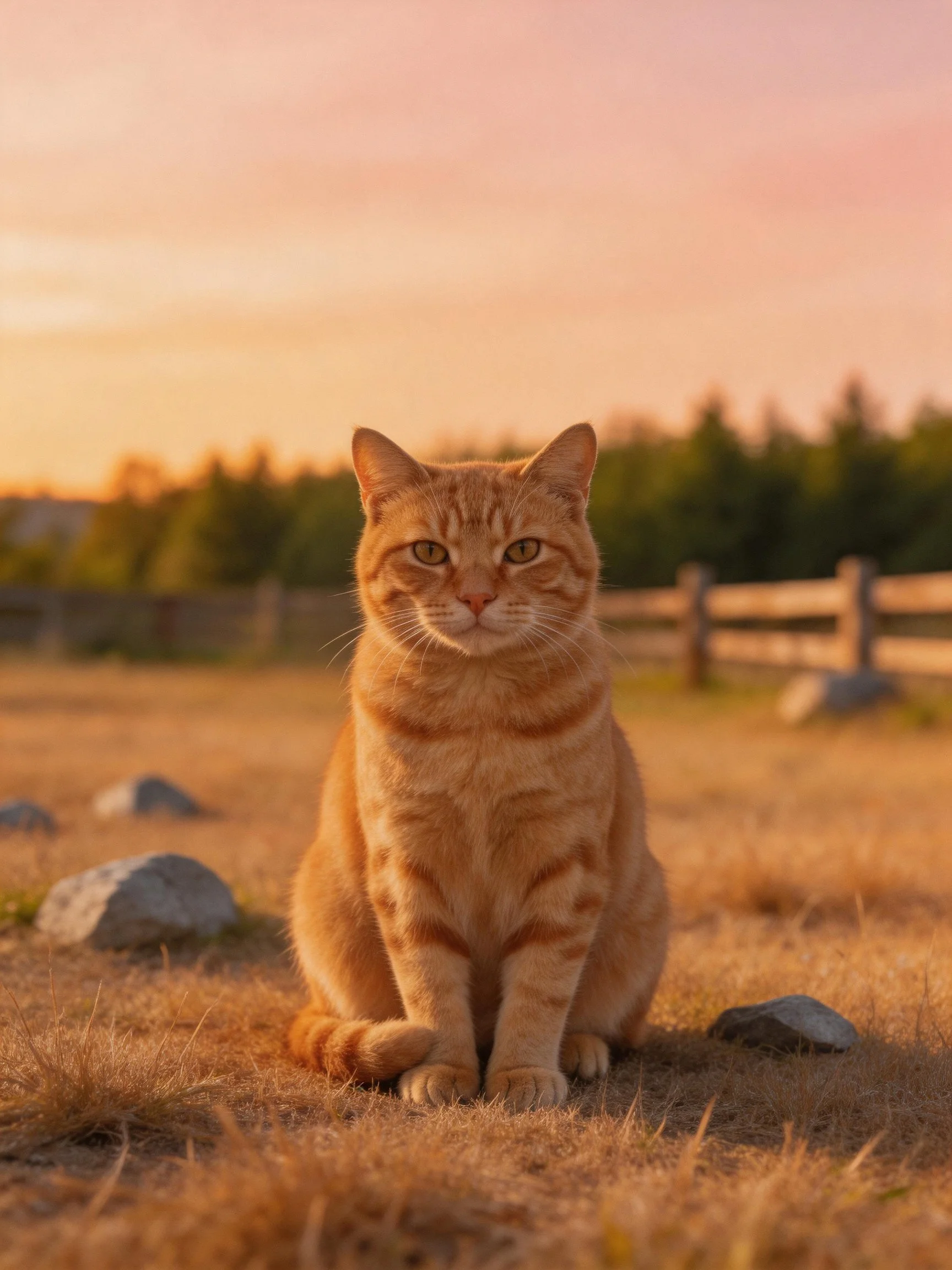 An orange tabby cat sits calmly in a sunlit rural field