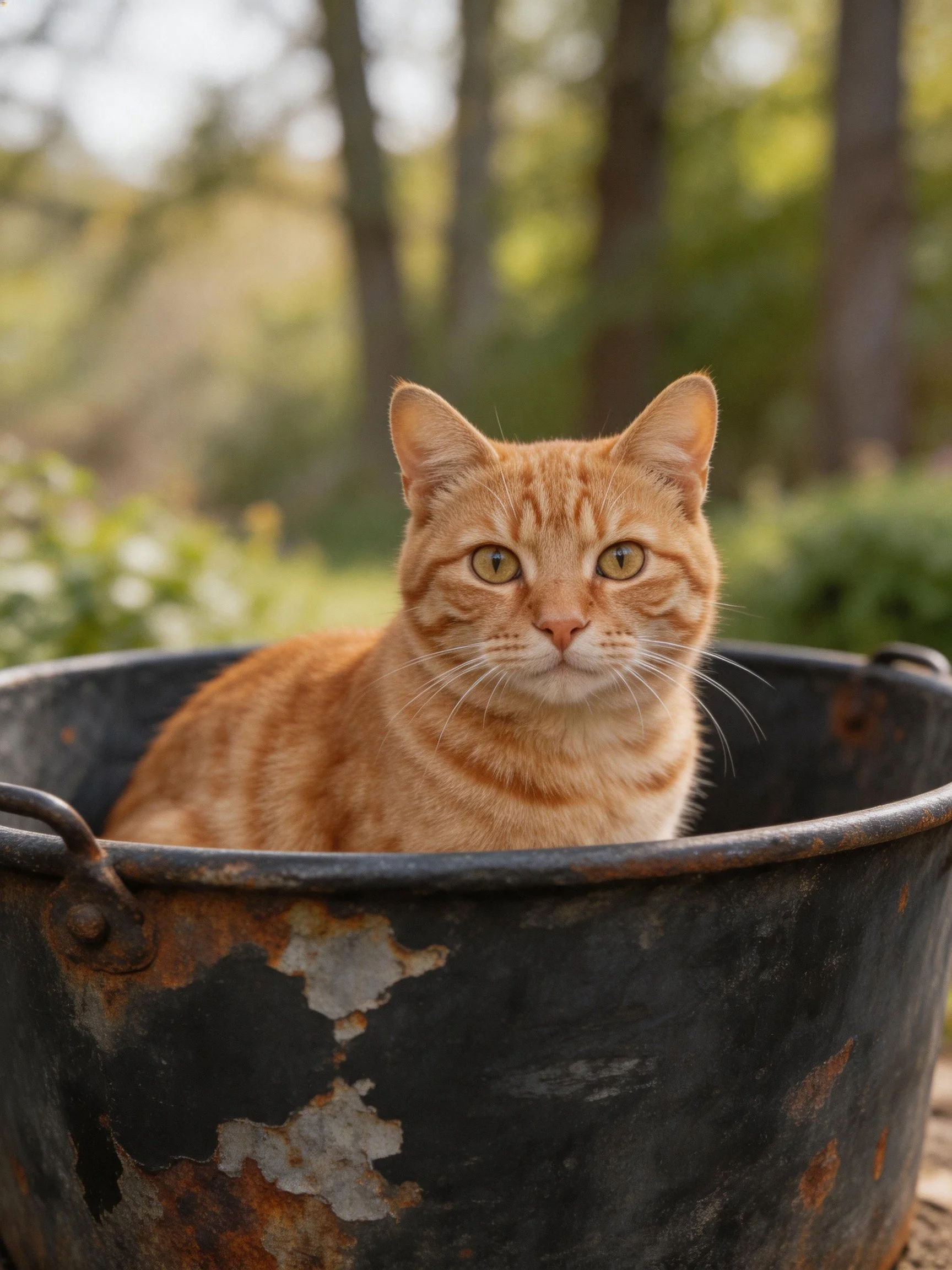 An orange tabby cat sits in a weathered black bucket outdoors