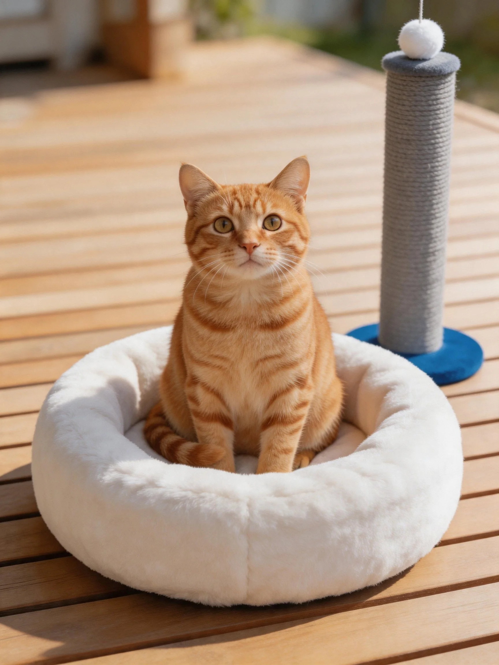 An orange tabby cat sits in a white bed beside a scratching post on a wooden deck.