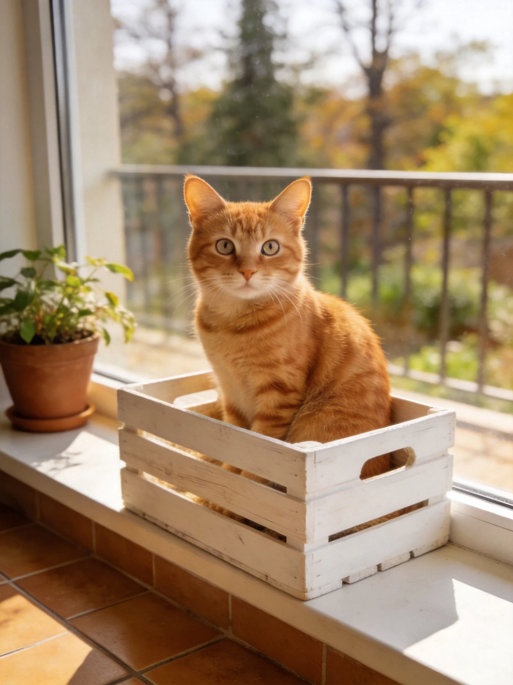 An orange tabby cat rests in a white crate near a sunlit window with a potted plant