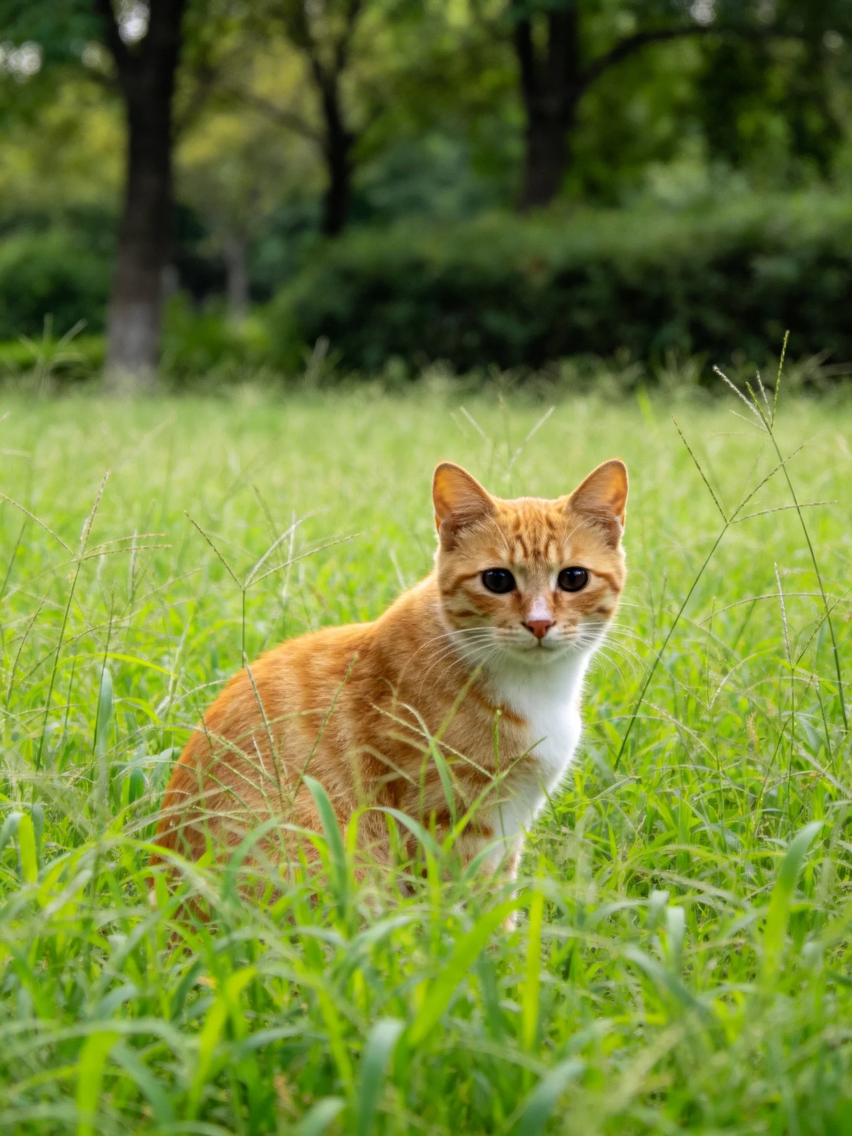 An orange tabby cat sits in a grassy area with trees in the distance