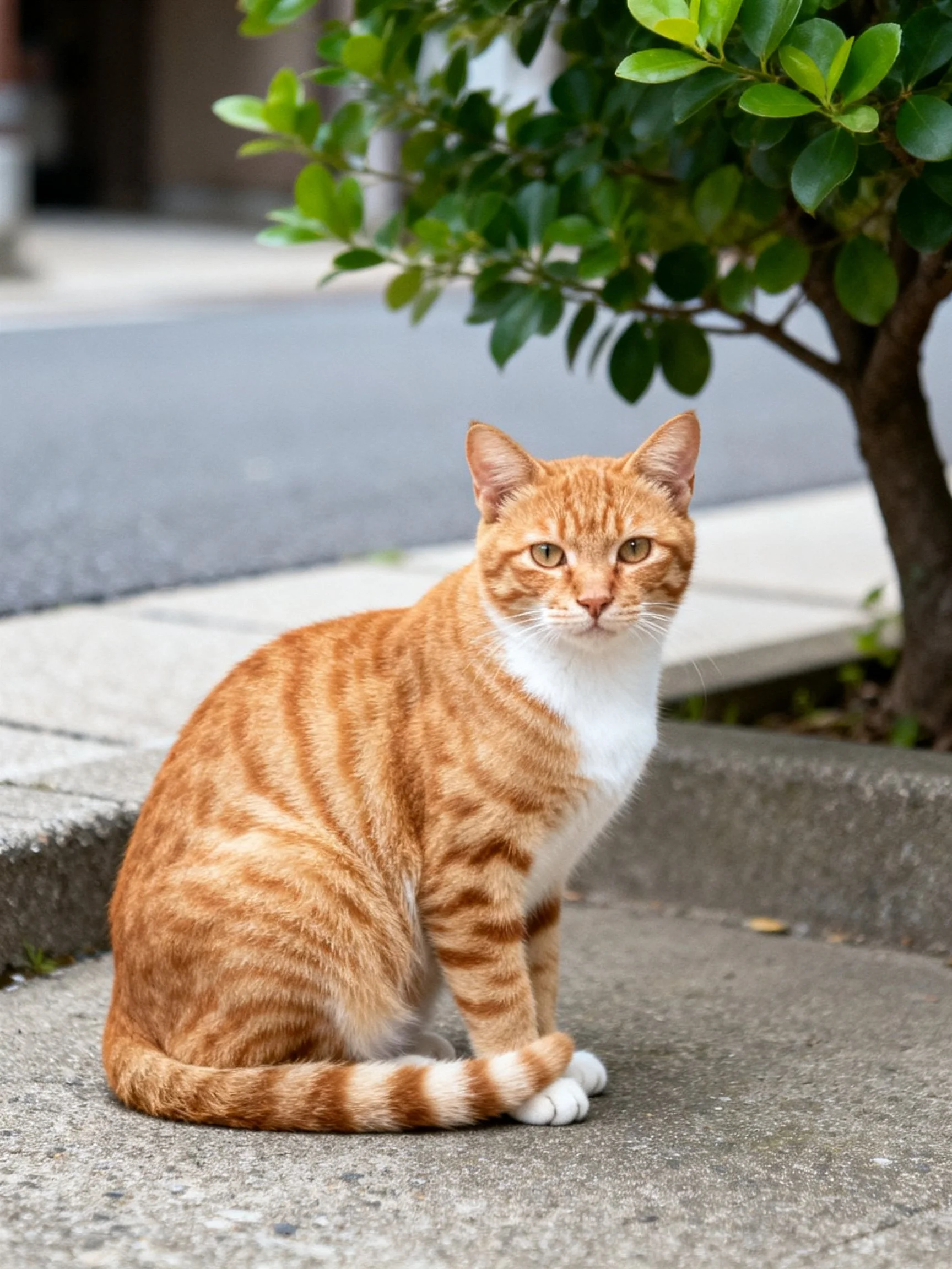An orange tabby cat sits near a green bush on concrete pavement.