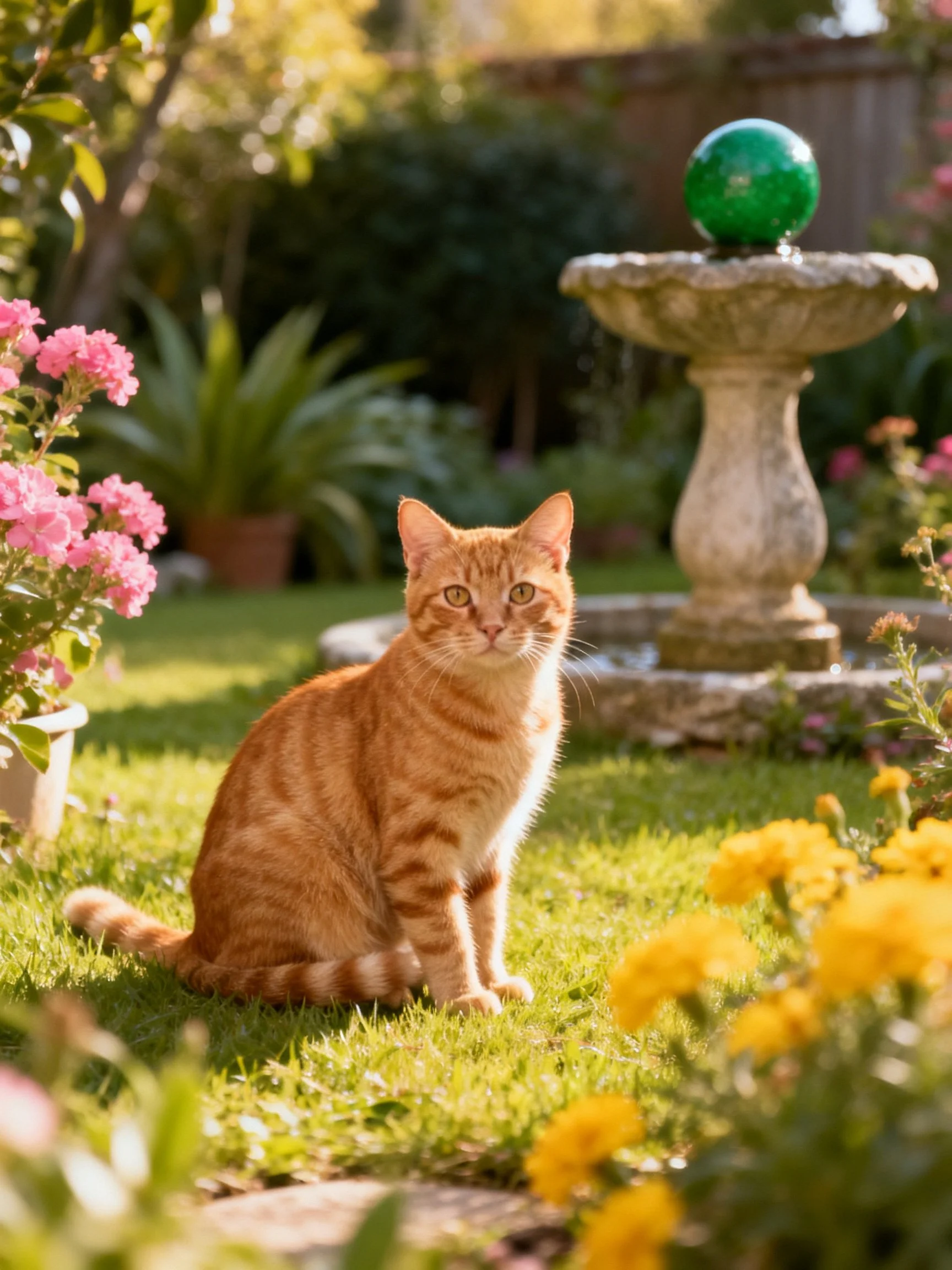 An orange tabby cat sits near a stone fountain with pink and yellow blooms