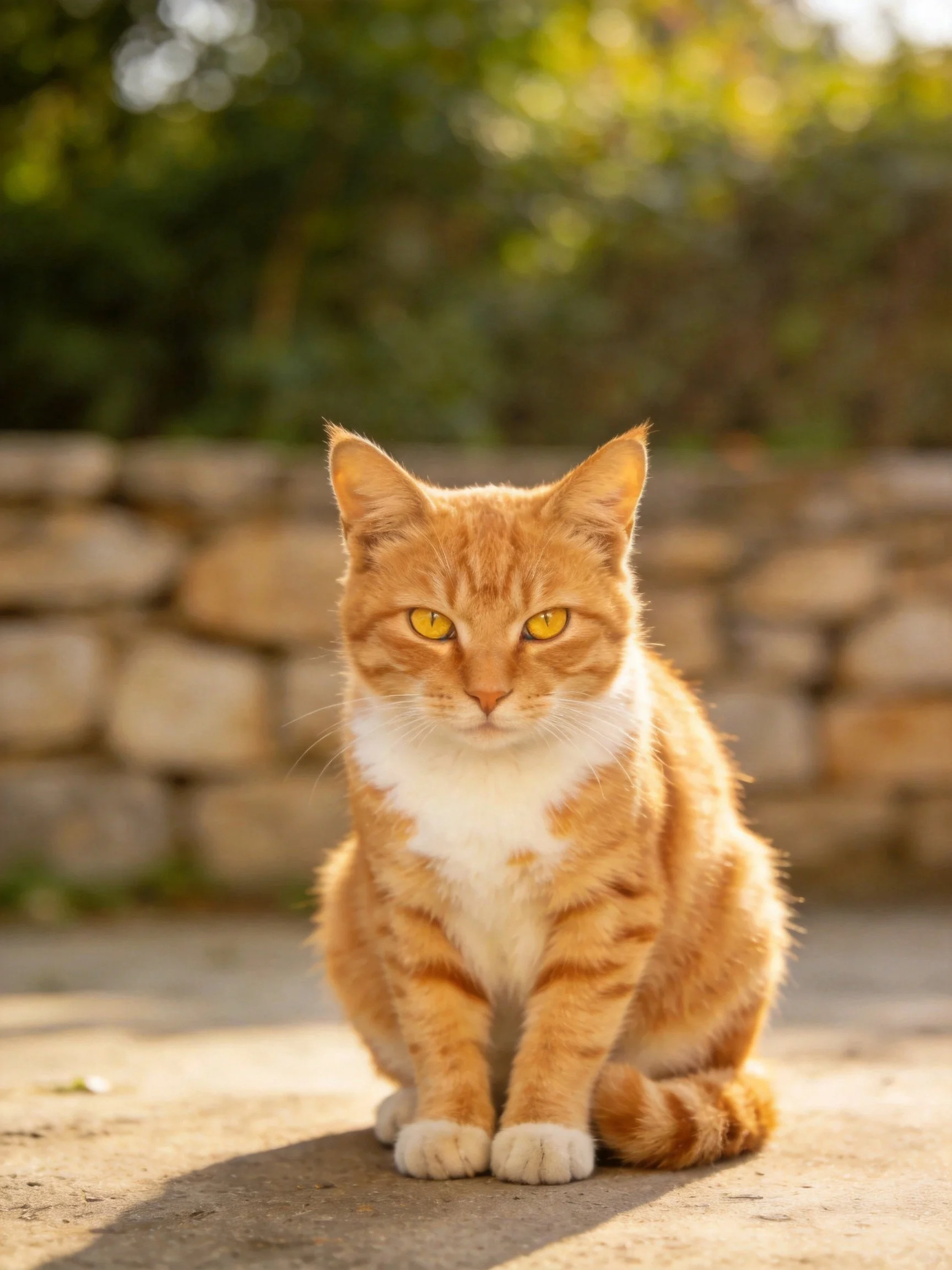 An orange tabby cat sits near a stone wall in sunlight