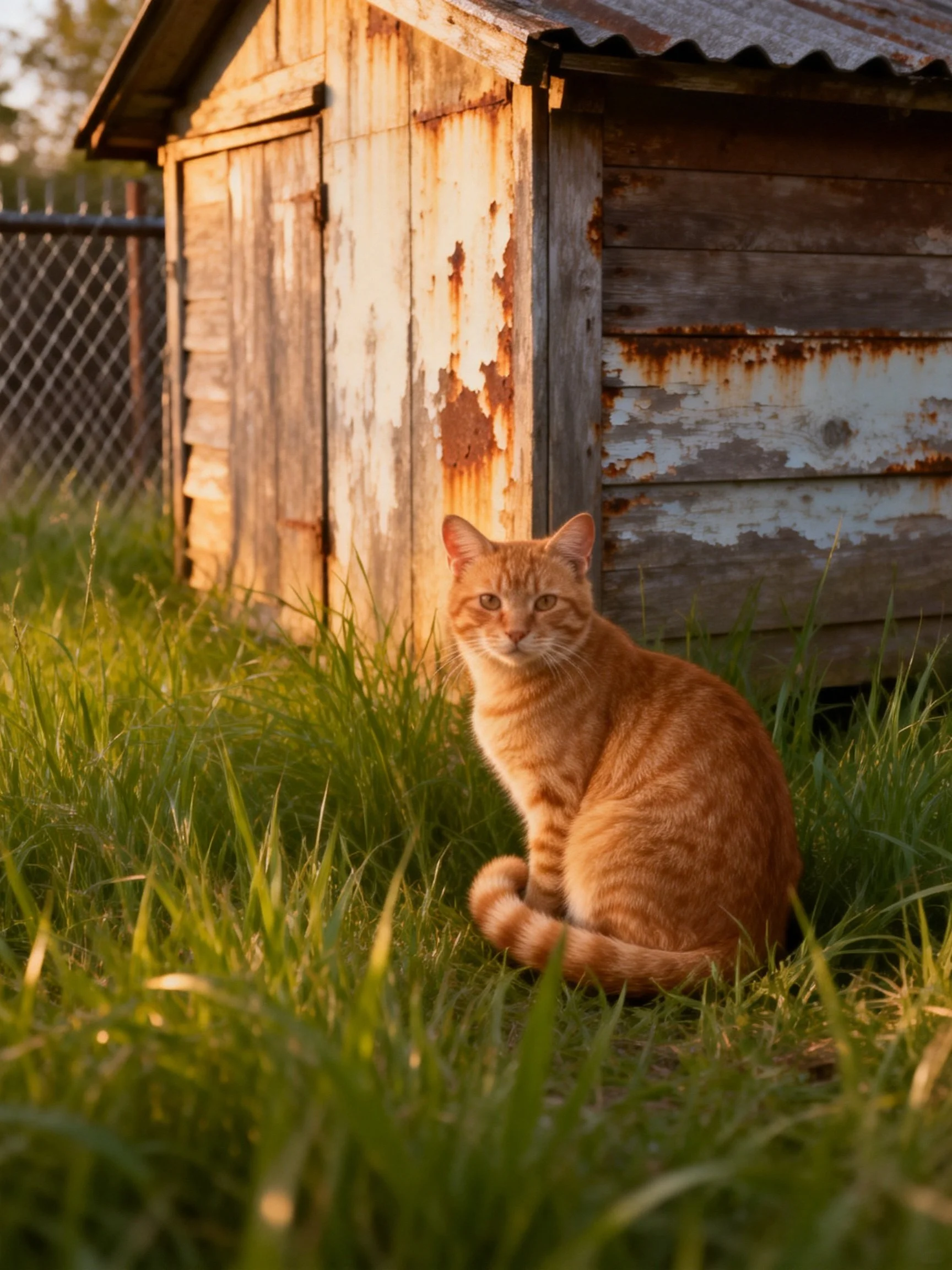 An orange tabby cat sits near a weathered wooden shed