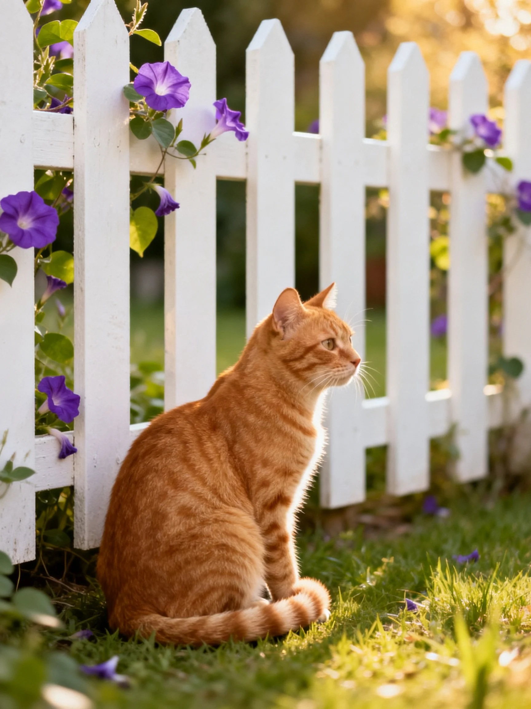 An orange tabby cat sits near a white picket fence with purple flowers