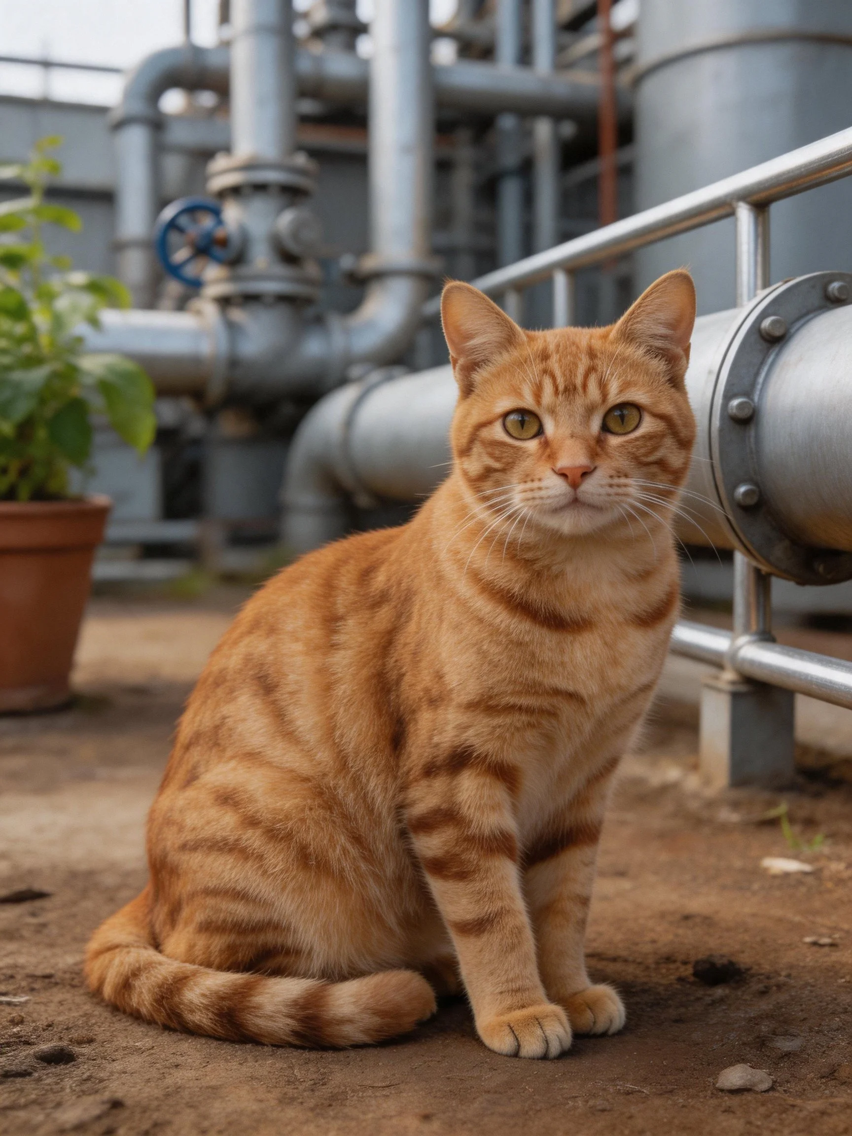 An orange tabby cat sits among industrial pipes and a potted plant.