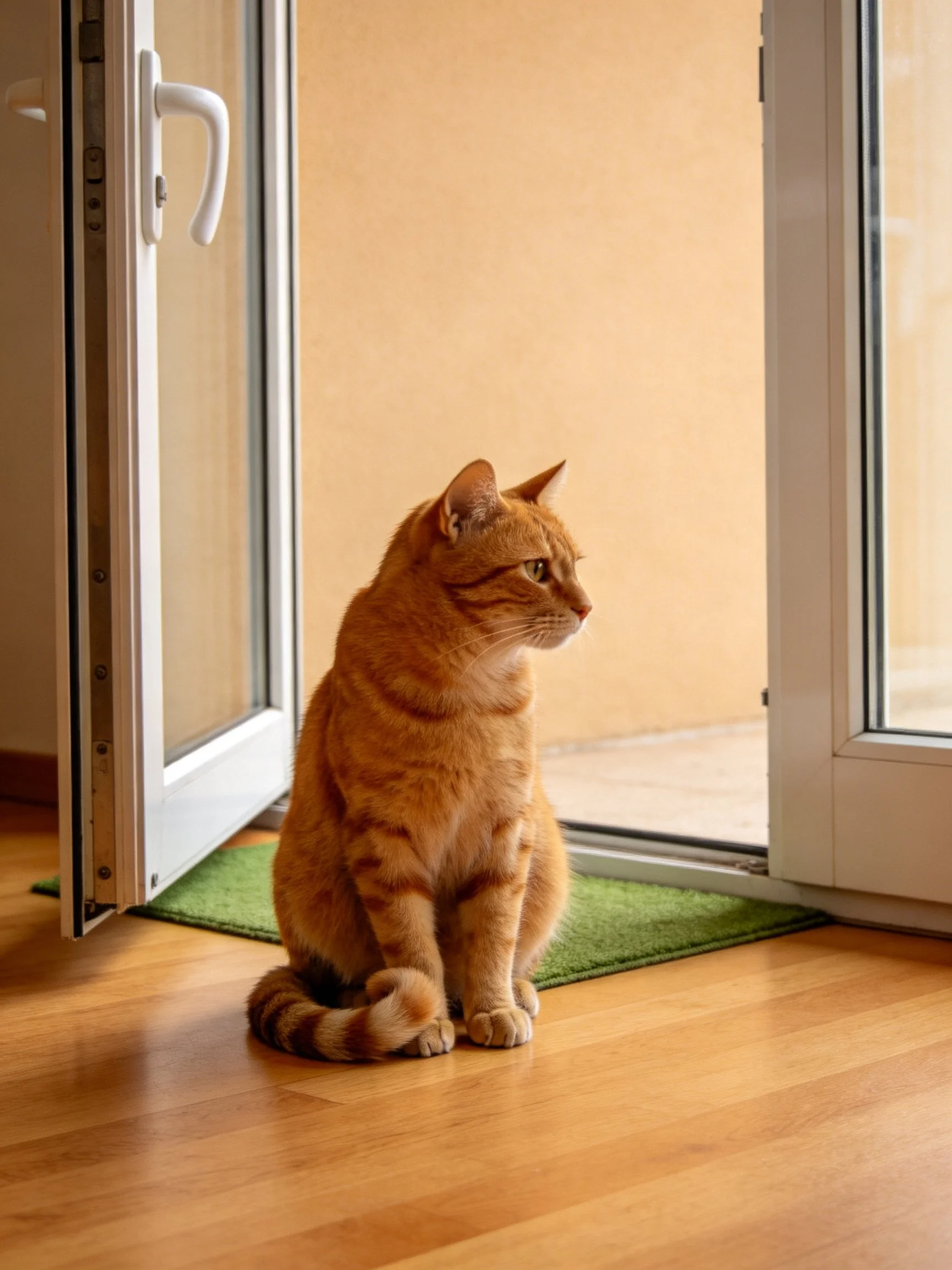 An orange tabby cat sits near open glass doors on a wooden floor