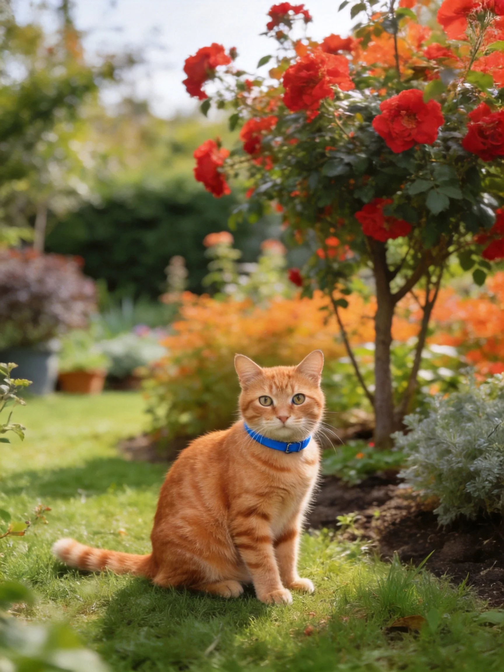 An orange tabby cat rests beside blooming red roses in a sunlit garden.