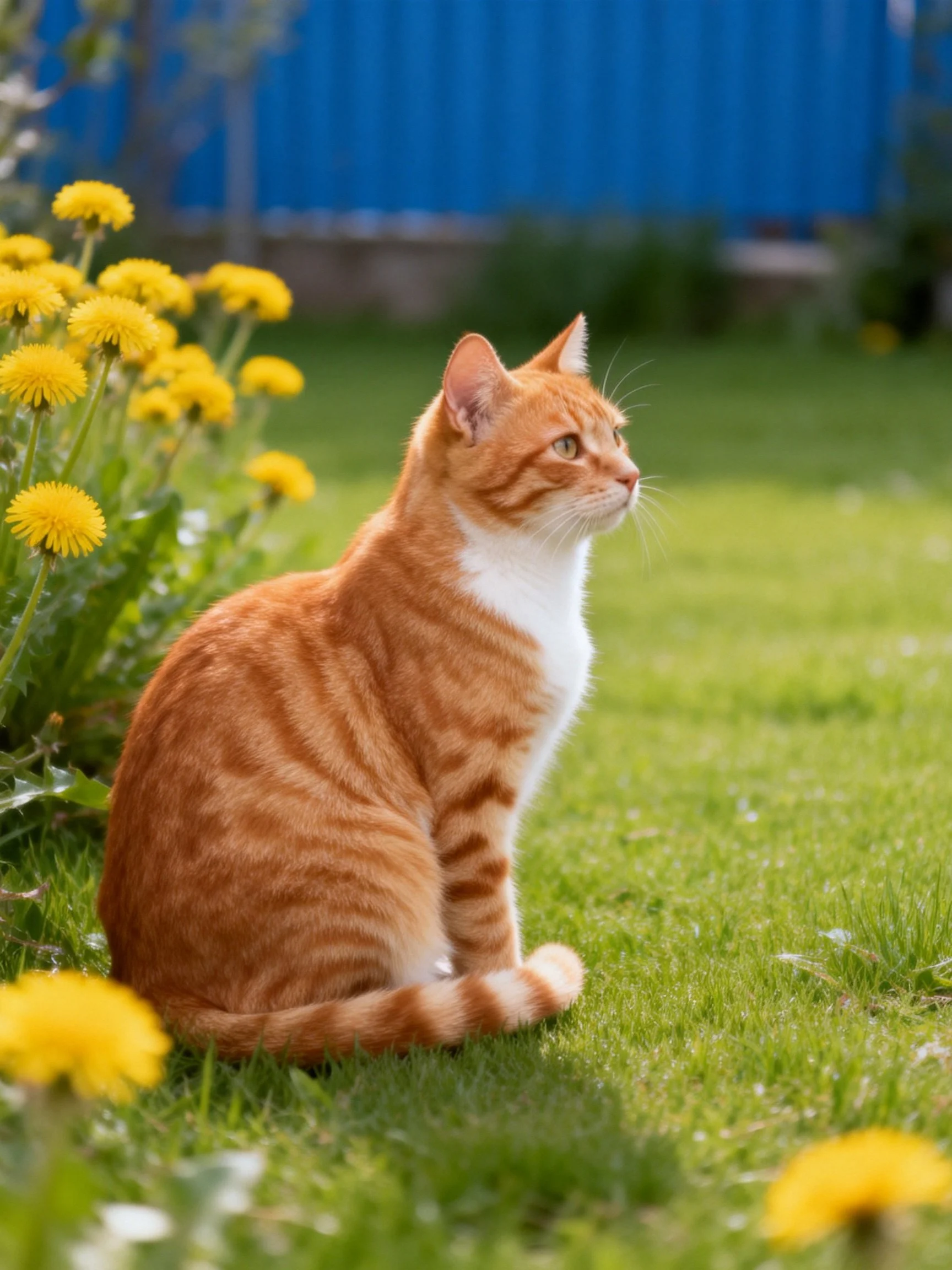 An orange tabby cat sits near yellow flowers on green grass in a sunny outdoor space.