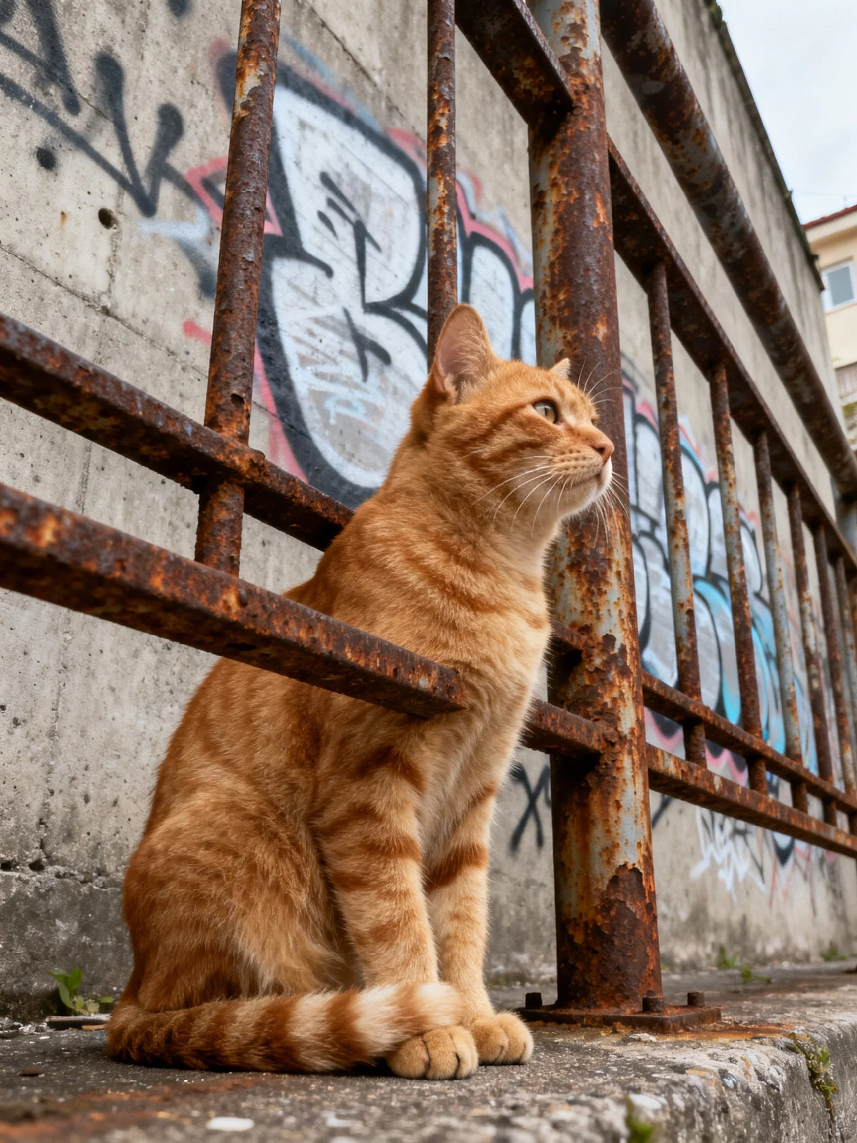 An orange tabby cat sits next to a rusted metal fence with graffiti