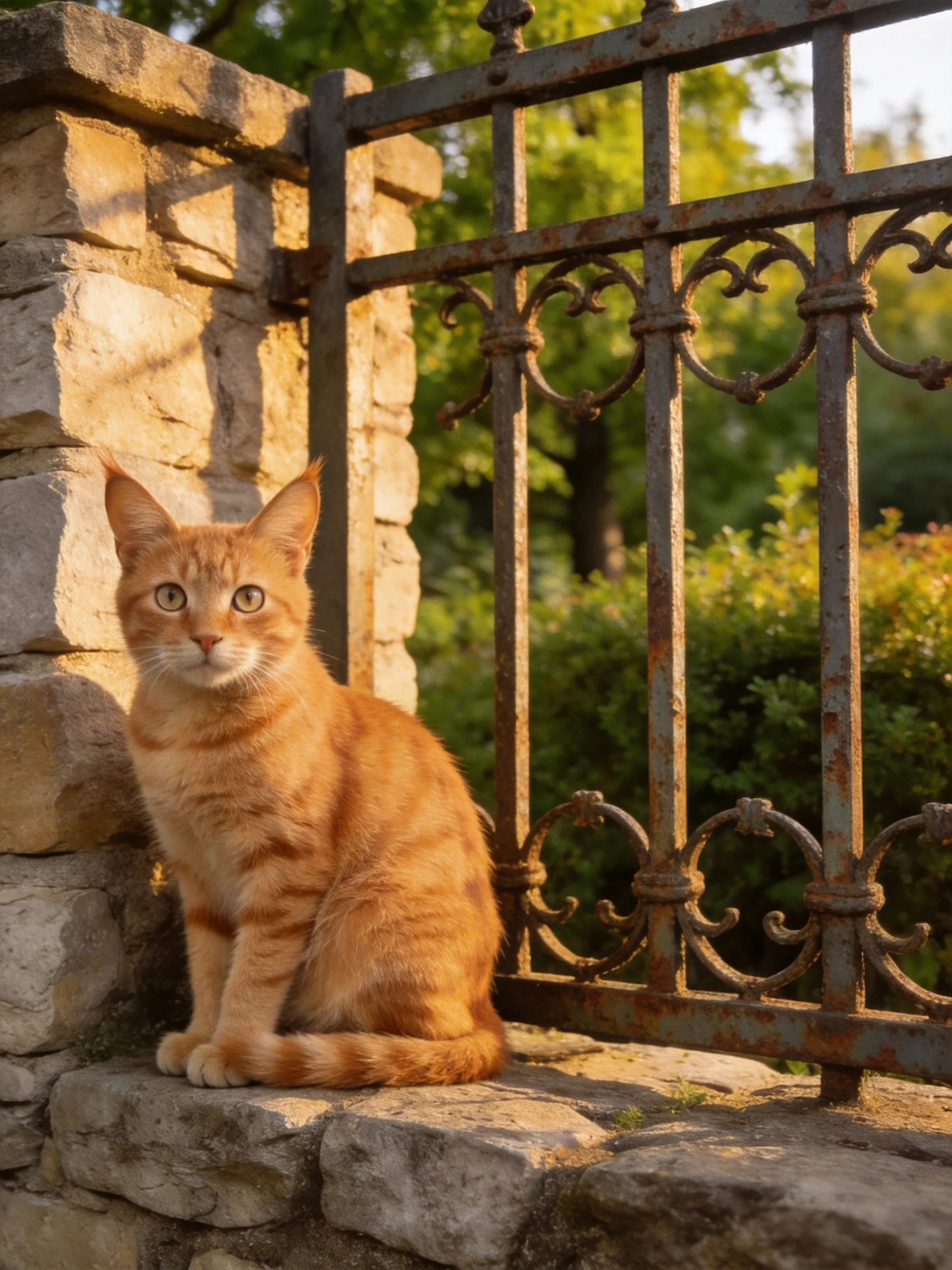 An orange tabby cat sits next to a weathered stone wall by a rusty iron gate