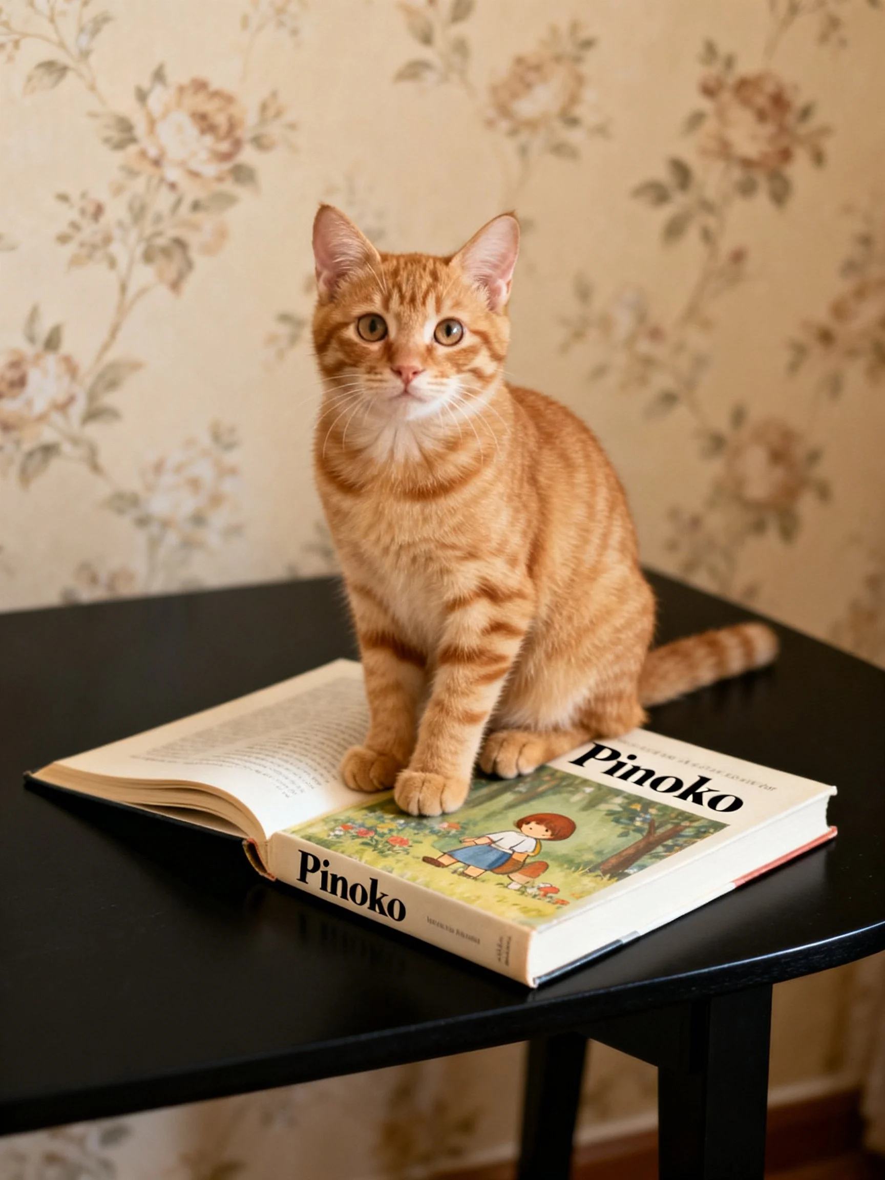 An orange tabby cat sits on a Pinoko book on a black table with floral wallpaper