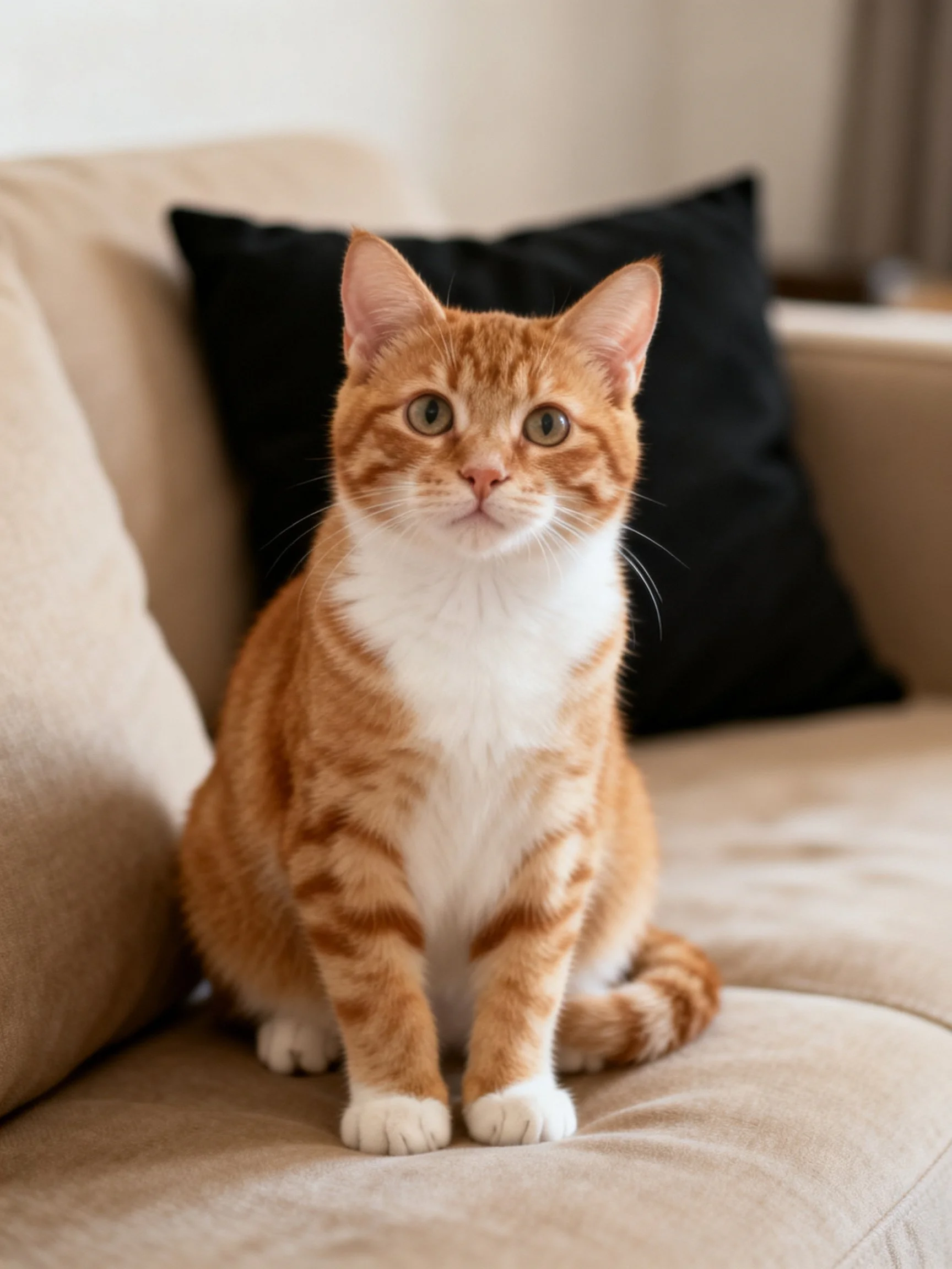 An orange tabby cat sits calmly on a beige sofa