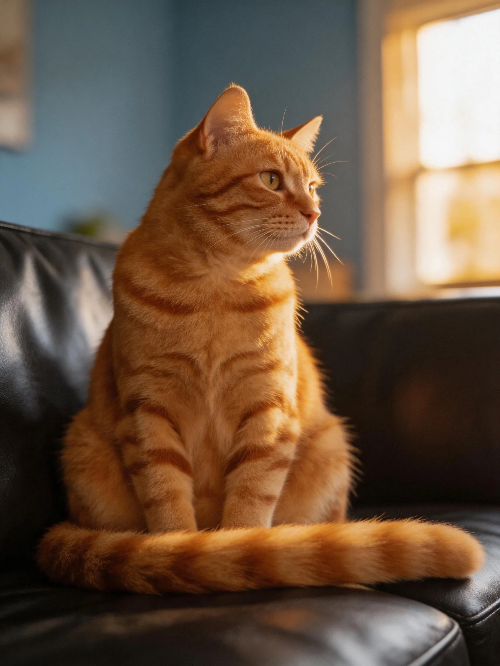 An orange tabby cat sits calmly on a black leather couch in a sunlit room.
