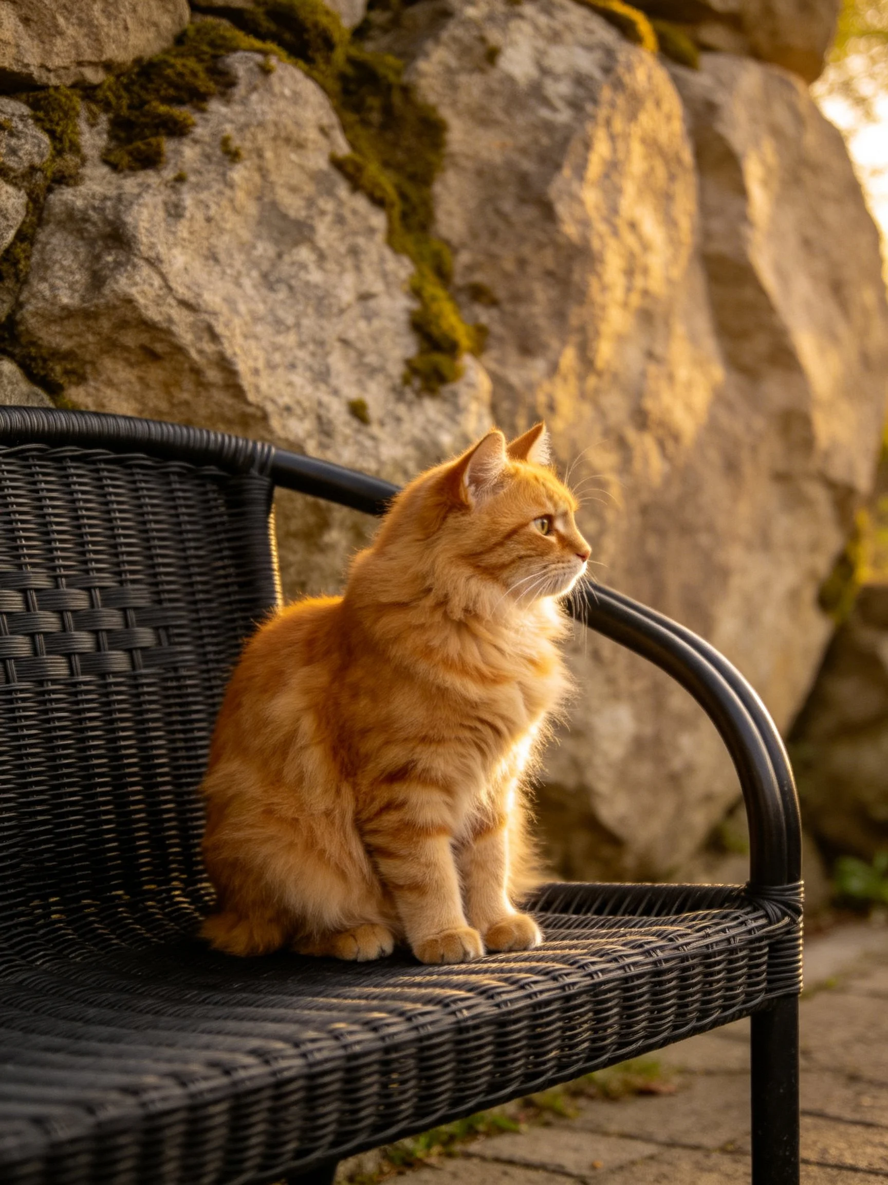 An orange tabby cat rests on a black wicker bench beside large mossy rocks.