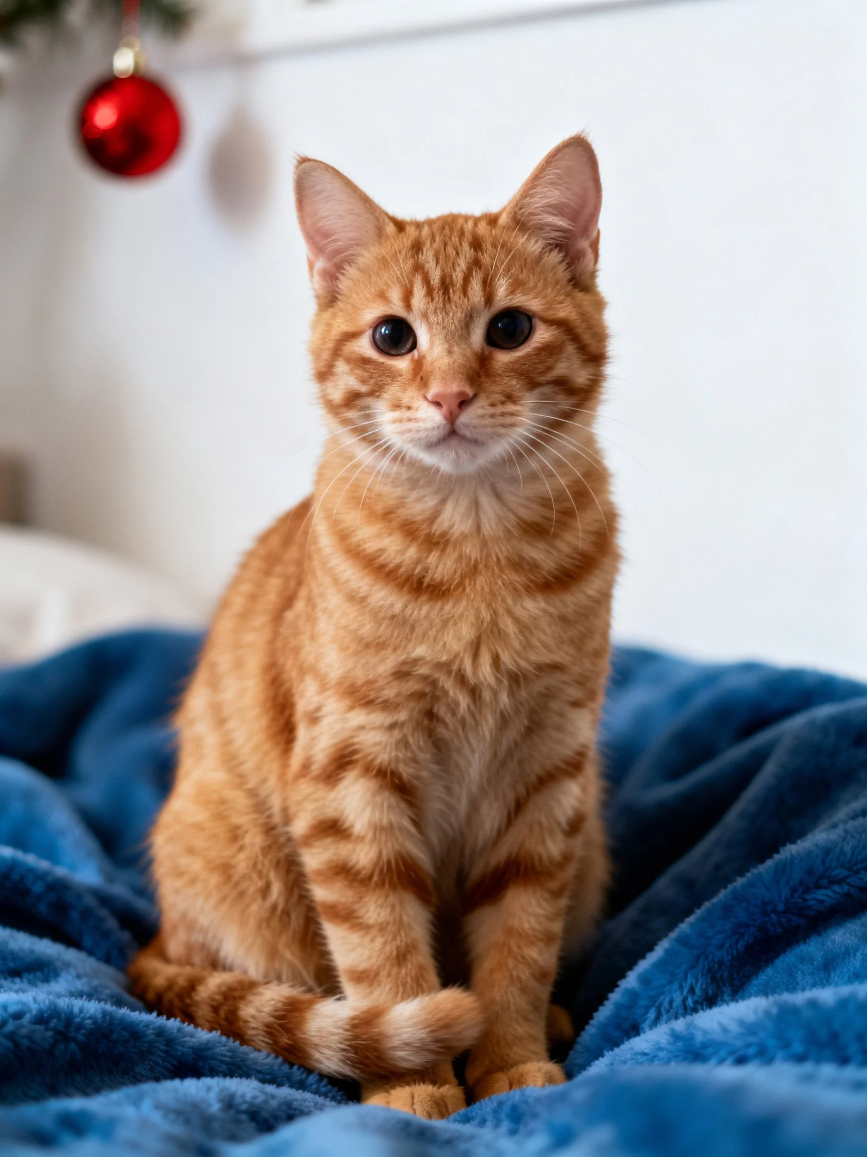 An orange tabby cat sits on a blue blanket with a red ornament nearby.