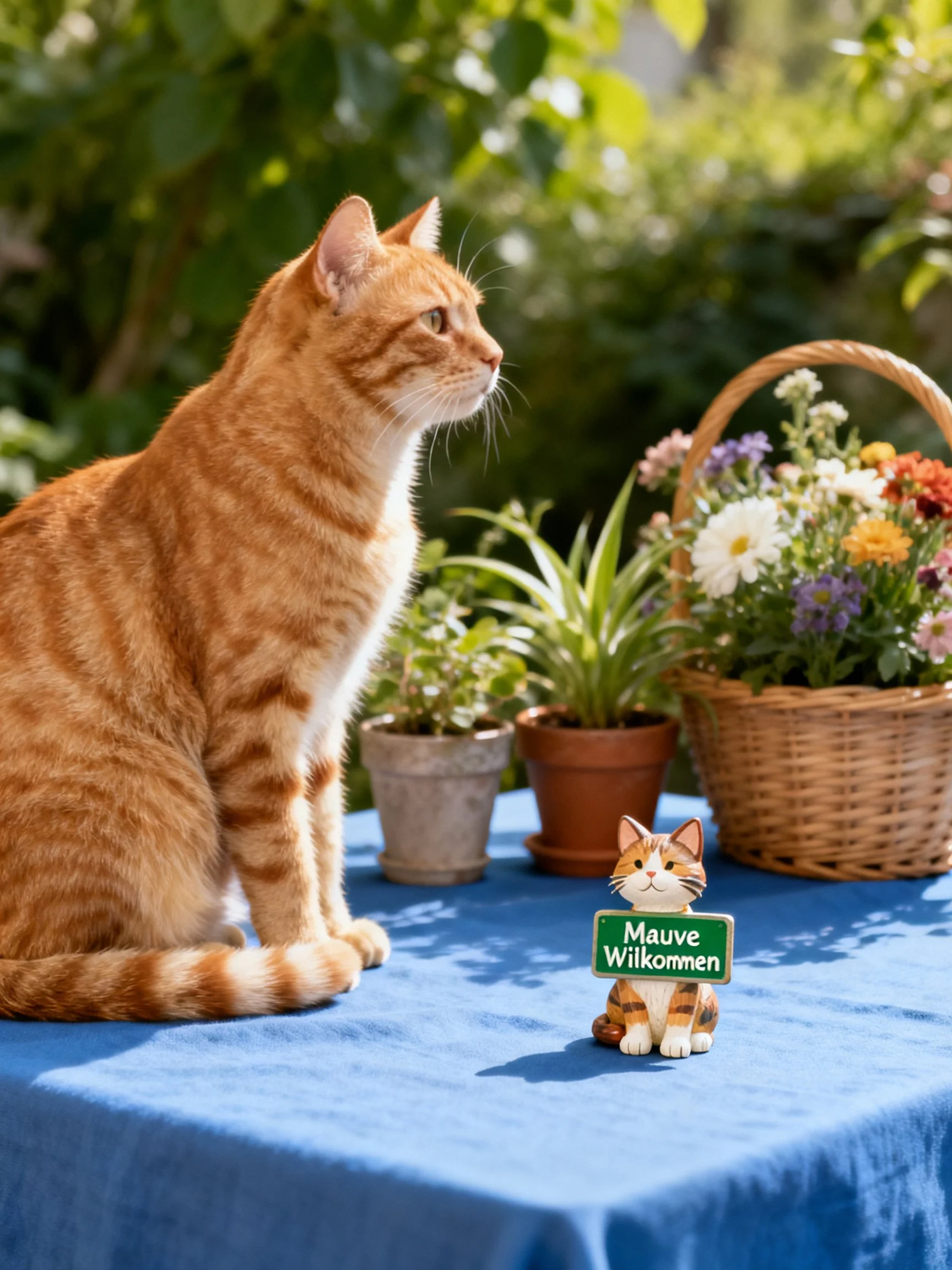An orange tabby cat sits on a blue cloth with potted plants and a flower basket