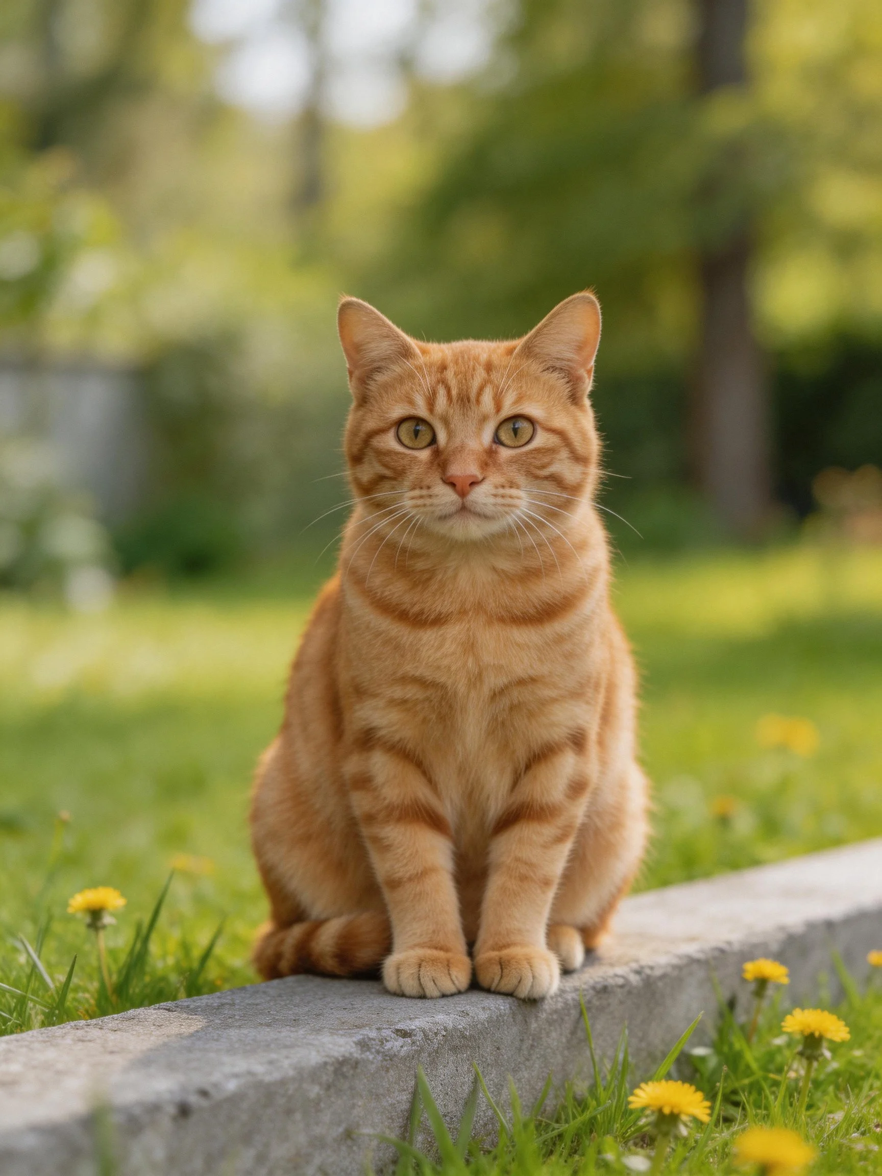 An orange tabby cat sits on a concrete ledge among greengrass and yellow flowers