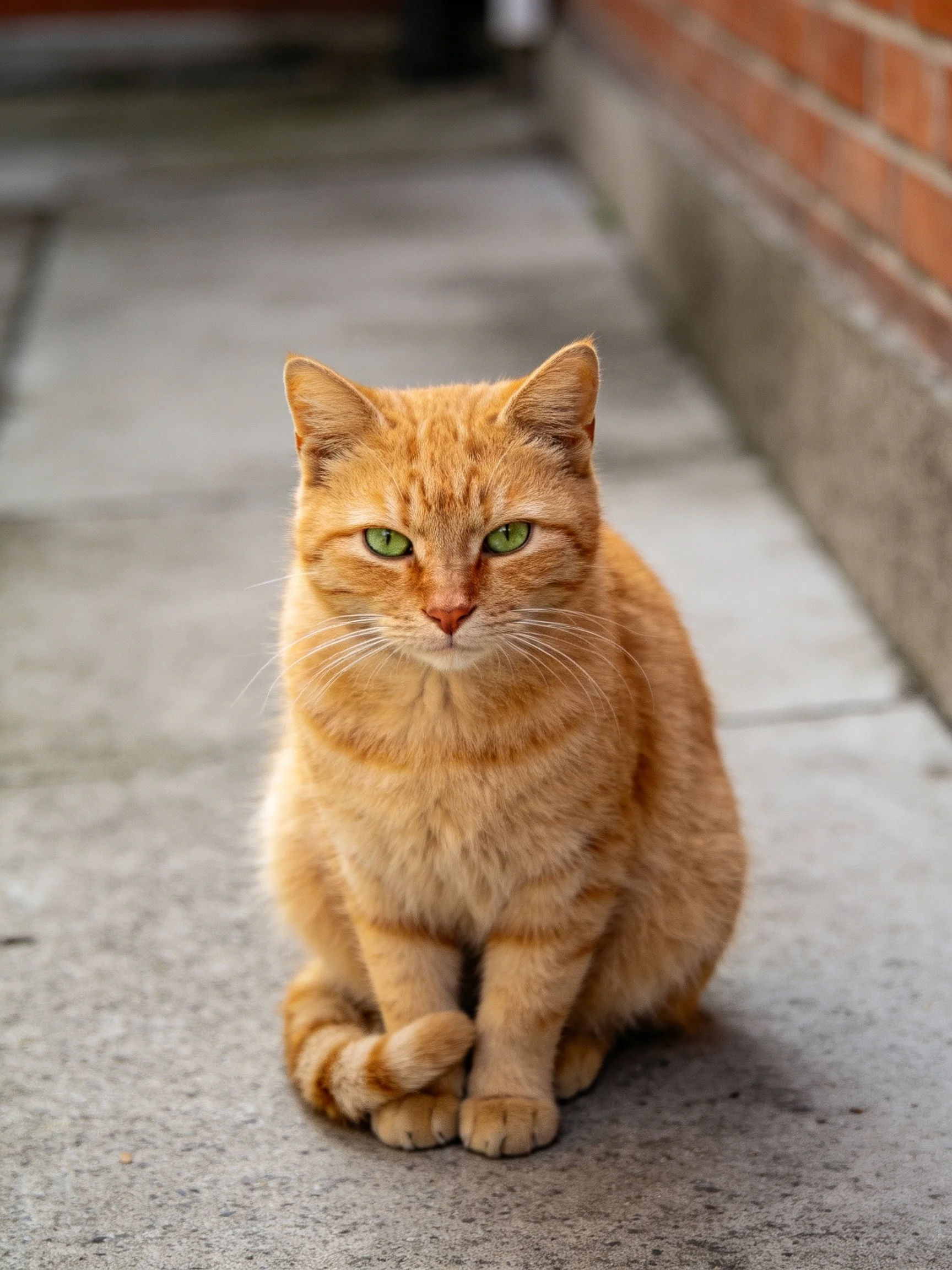 An orange tabby cat sits on a concrete path near a brick wall