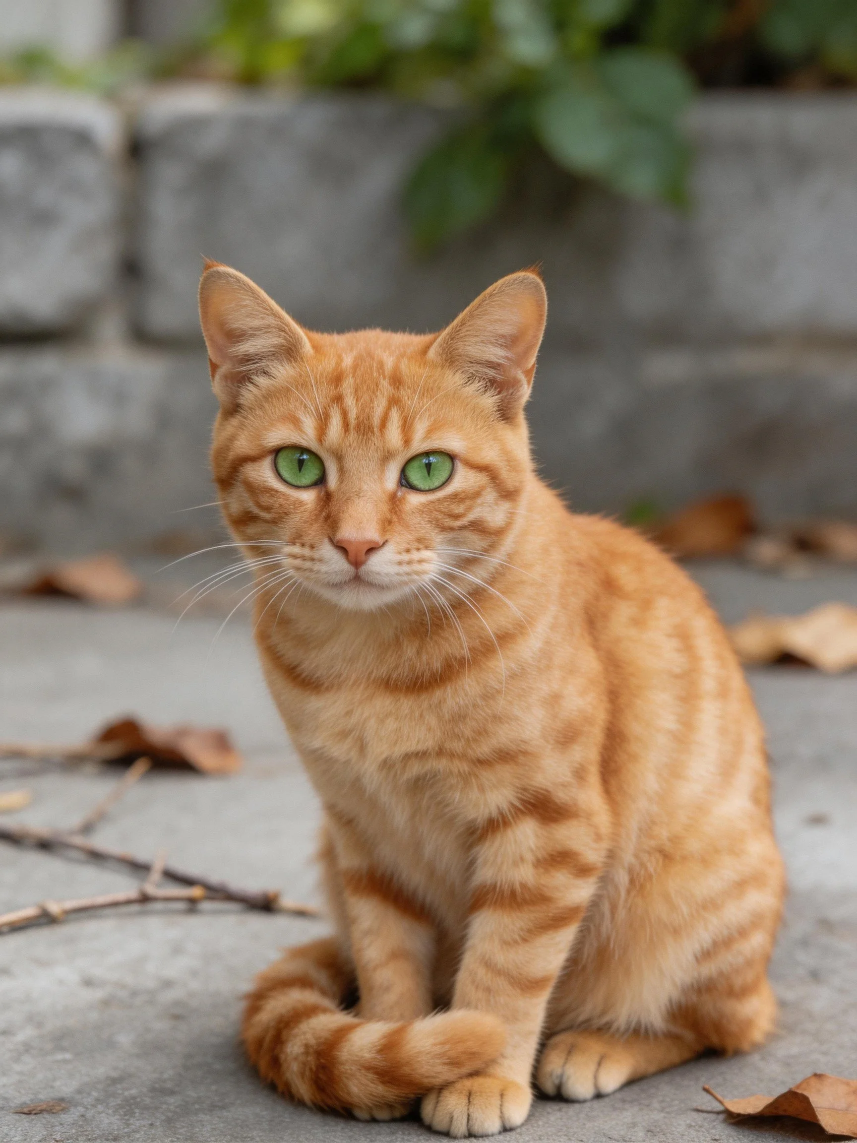 An orange tabby cat sits on a concrete path near a stone wall