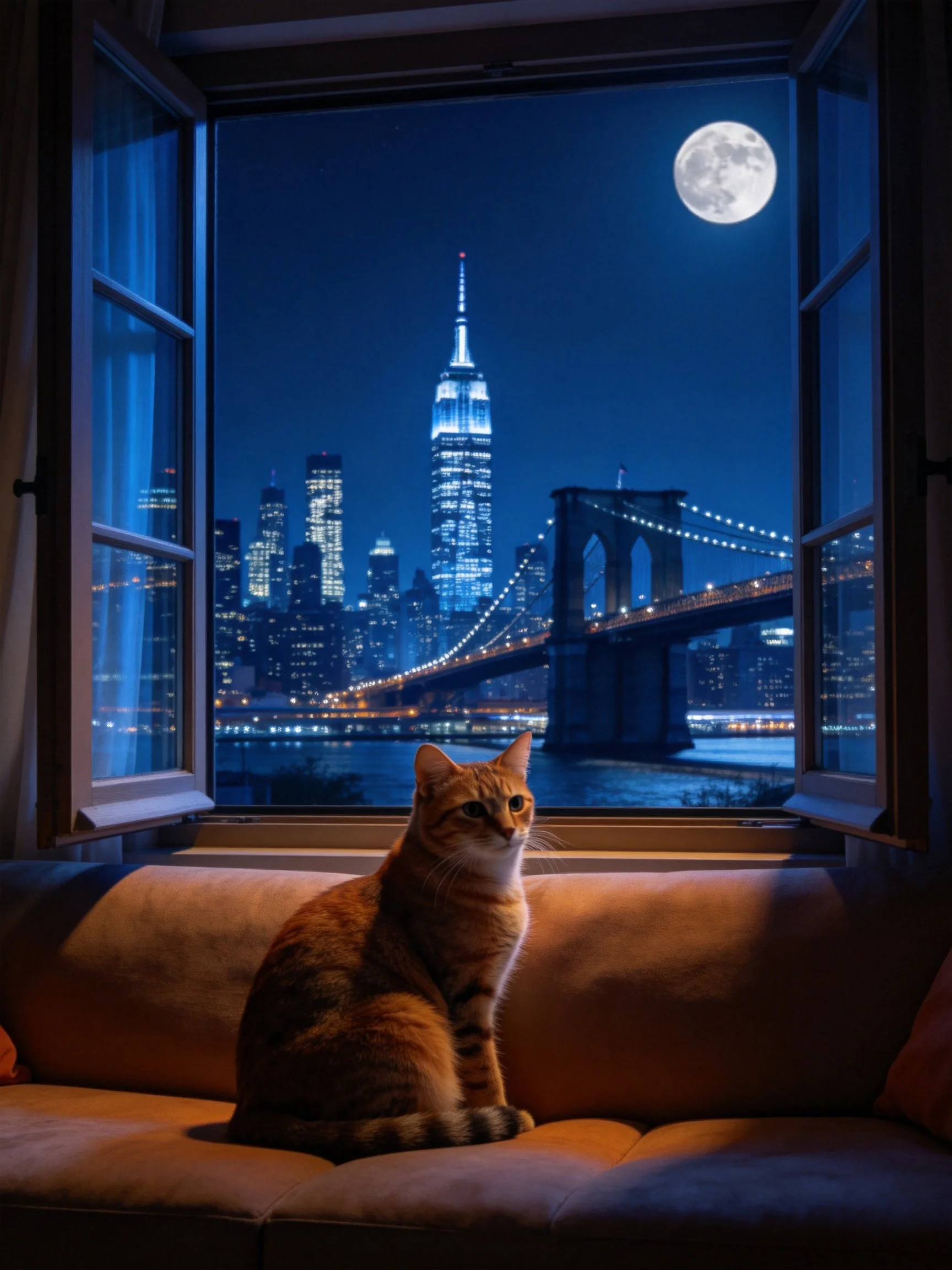 An orange tabby cat sits on a couch by an open window with a lit city skyline at night