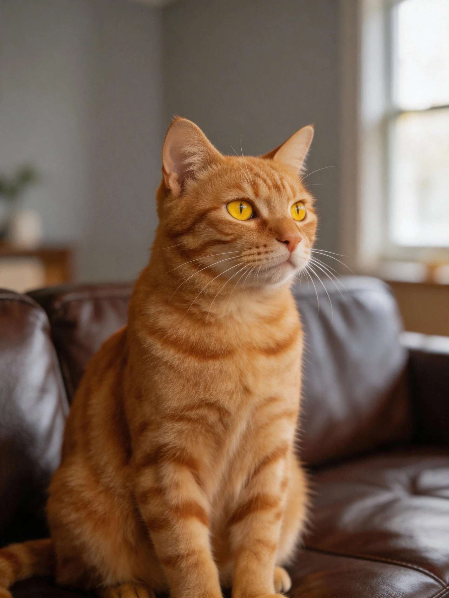 An orange tabby cat sits calmly on a dark brown leather couch indoors.