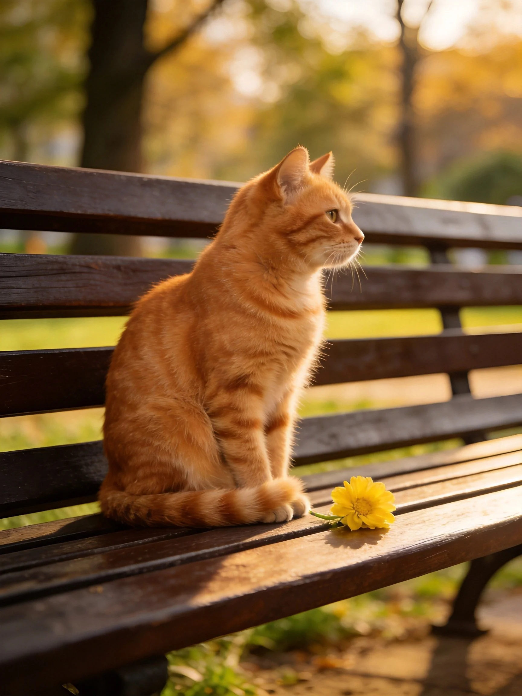 An orange tabby cat sits on a dark wooden park bench beside a bright yellow flower