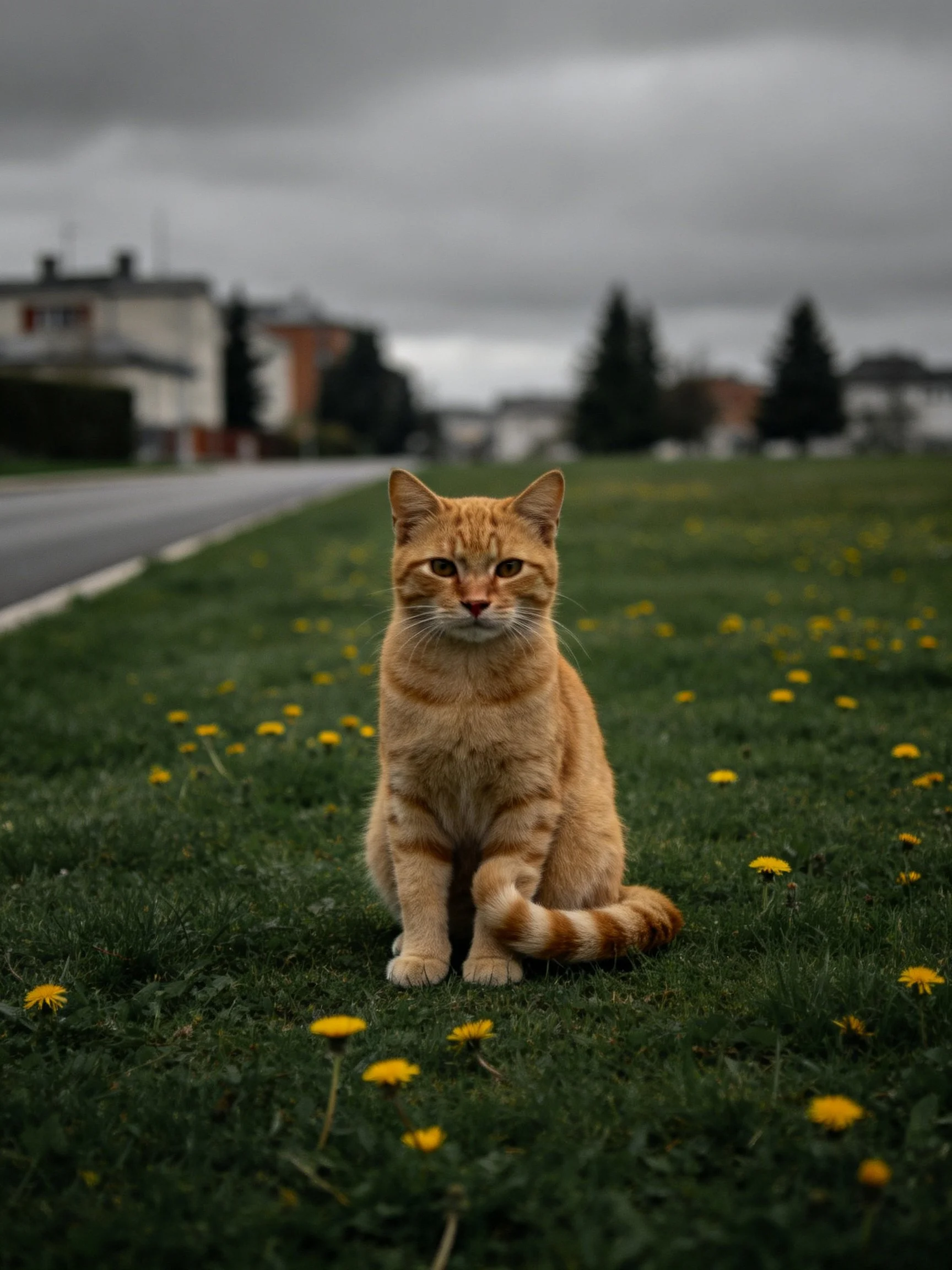 An orange tabby cat sits on a flower-speckled grassy roadside