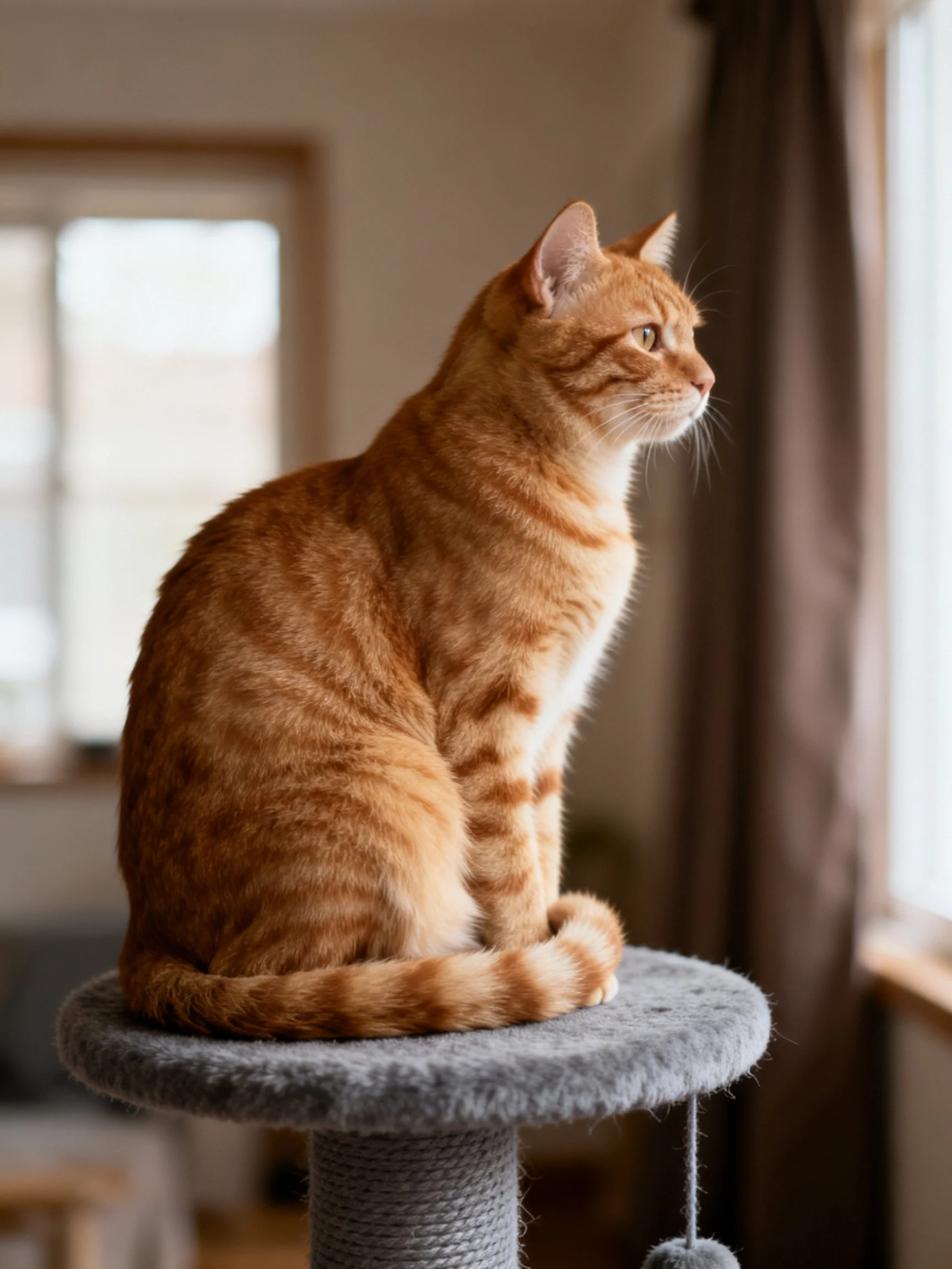 An orange tabby cat rests on a gray perch by bright windows.