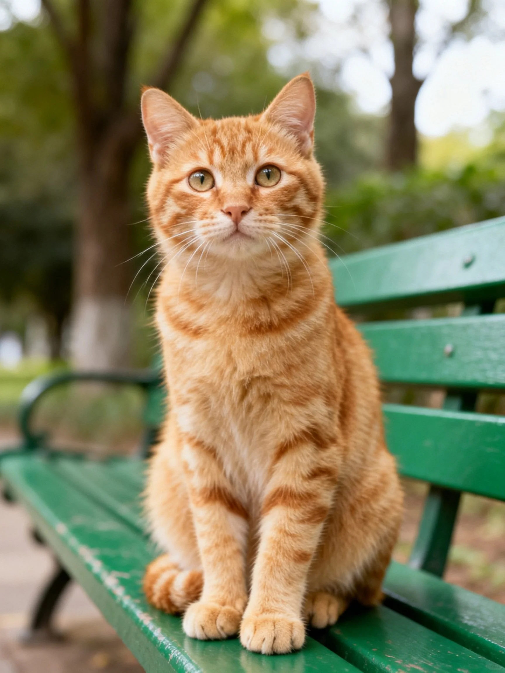 An orange tabby cat sits on a green park bench in a shaded outdoor setting.