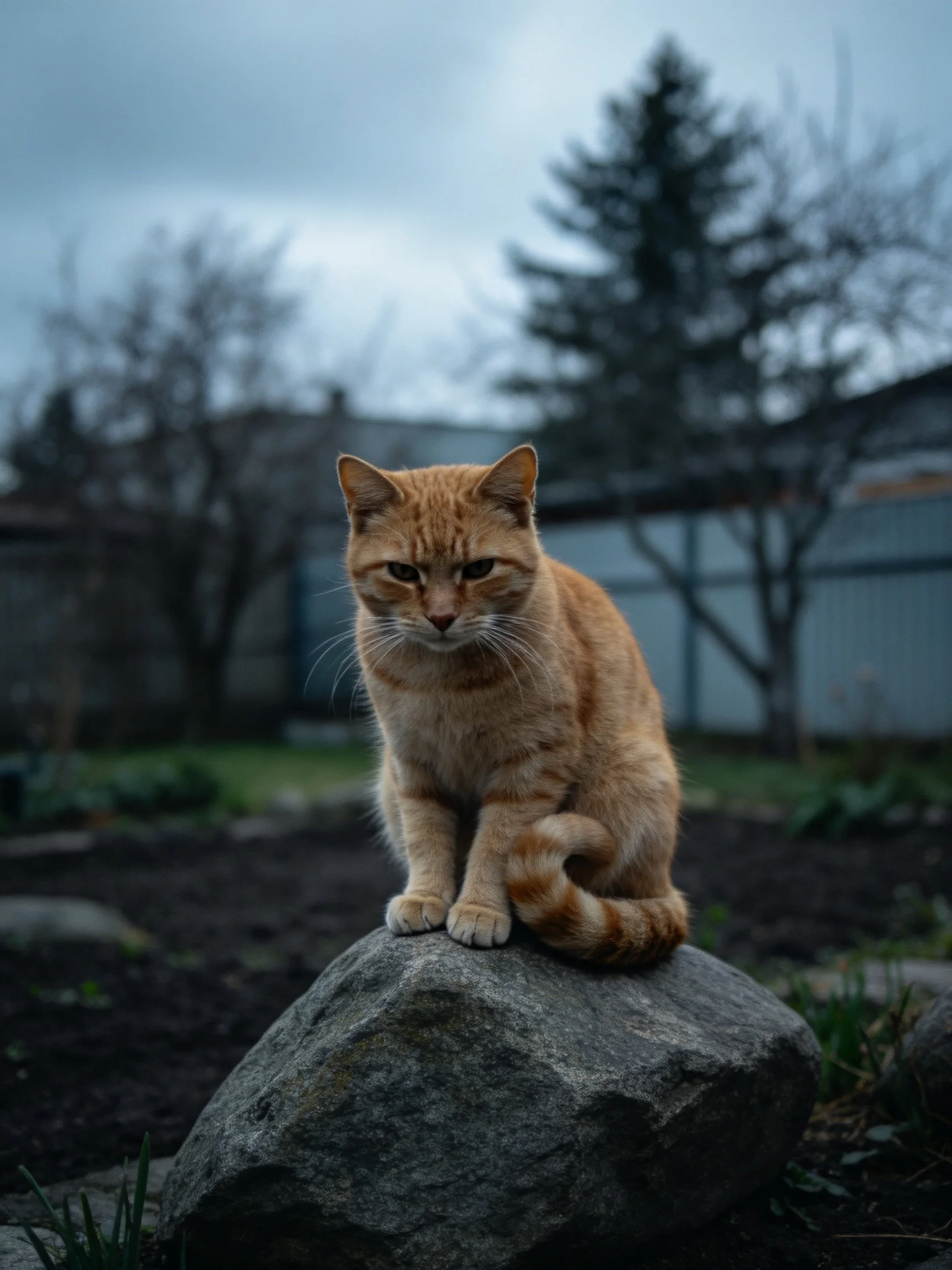 An orange tabby cat sits on a large rock in an outdoor setting with trees and buildings